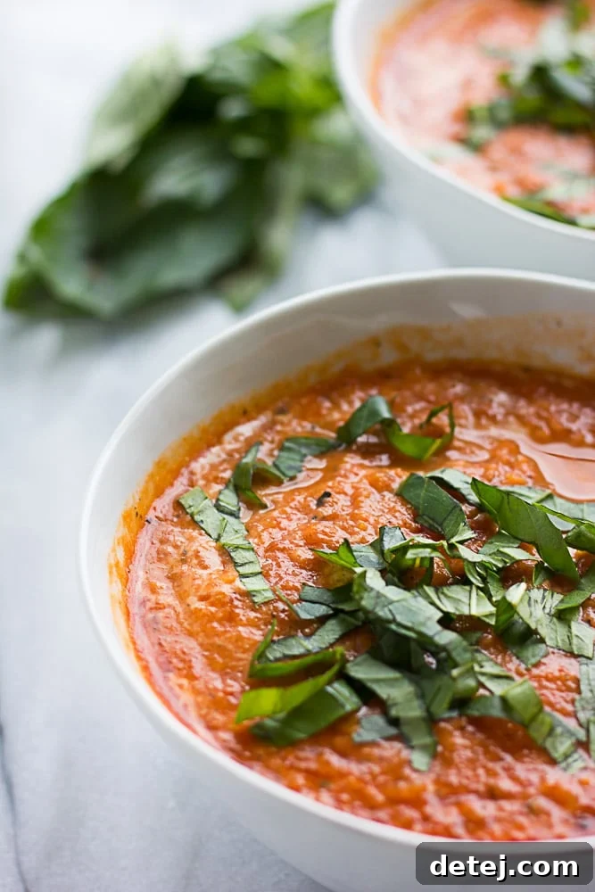 25 Effortless Vegetarian Instant Pot Creations 15 Close up of creamy Instant Pot Vegan Tomato Soup in a bowl