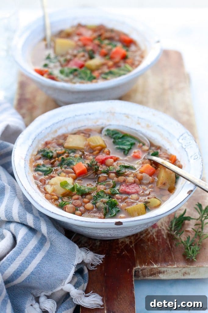25 Effortless Vegetarian Instant Pot Creations 17 Bowls of wholesome Instant Pot Lentil Soup, garnished with fresh parsley
