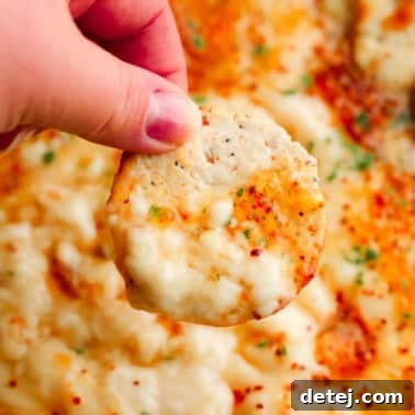 A cracker dipped into creamy vegan brie, topped with sweet and spicy pepper jelly.