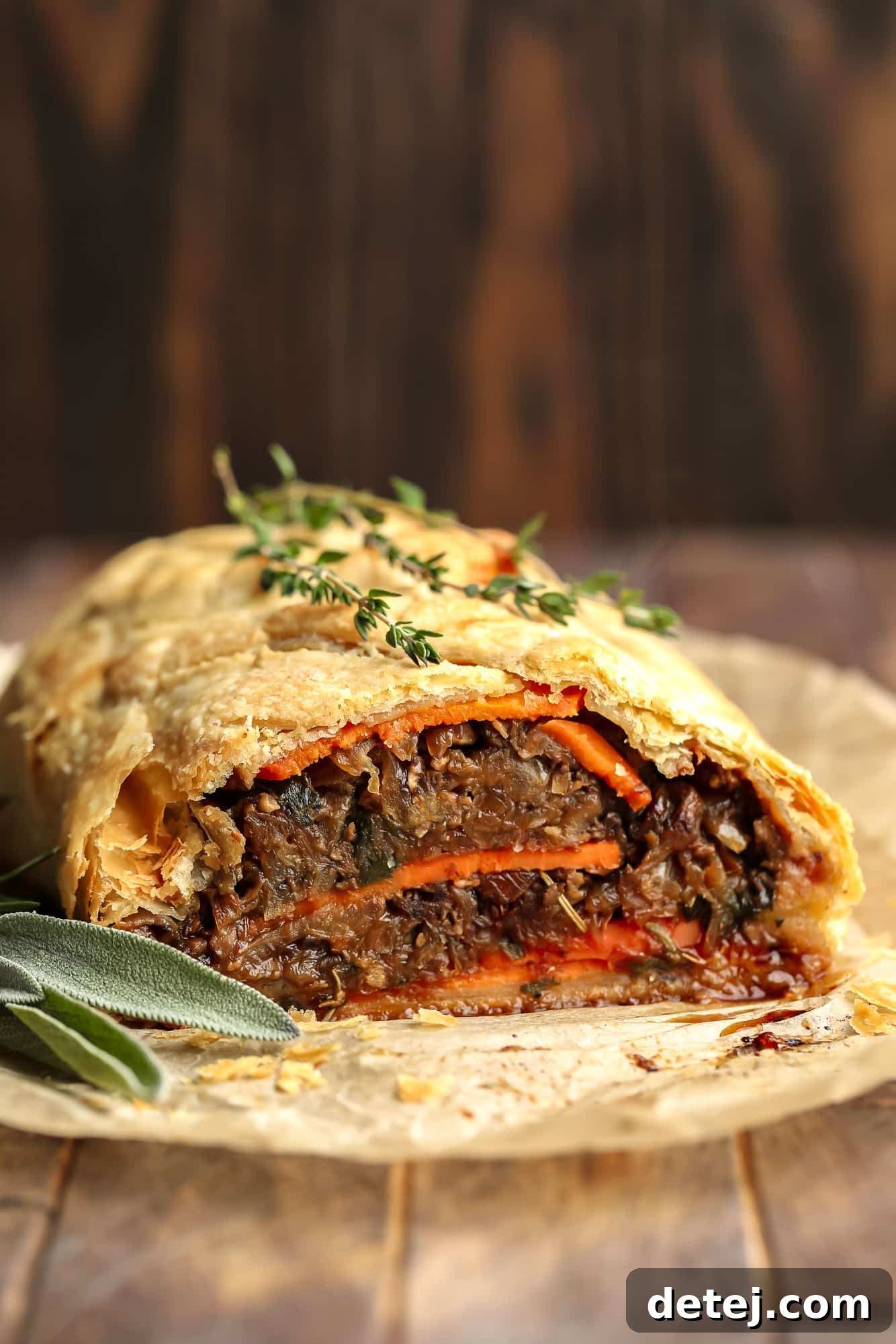 close up on a baked and sliced mushroom wellington topped with fresh thyme.