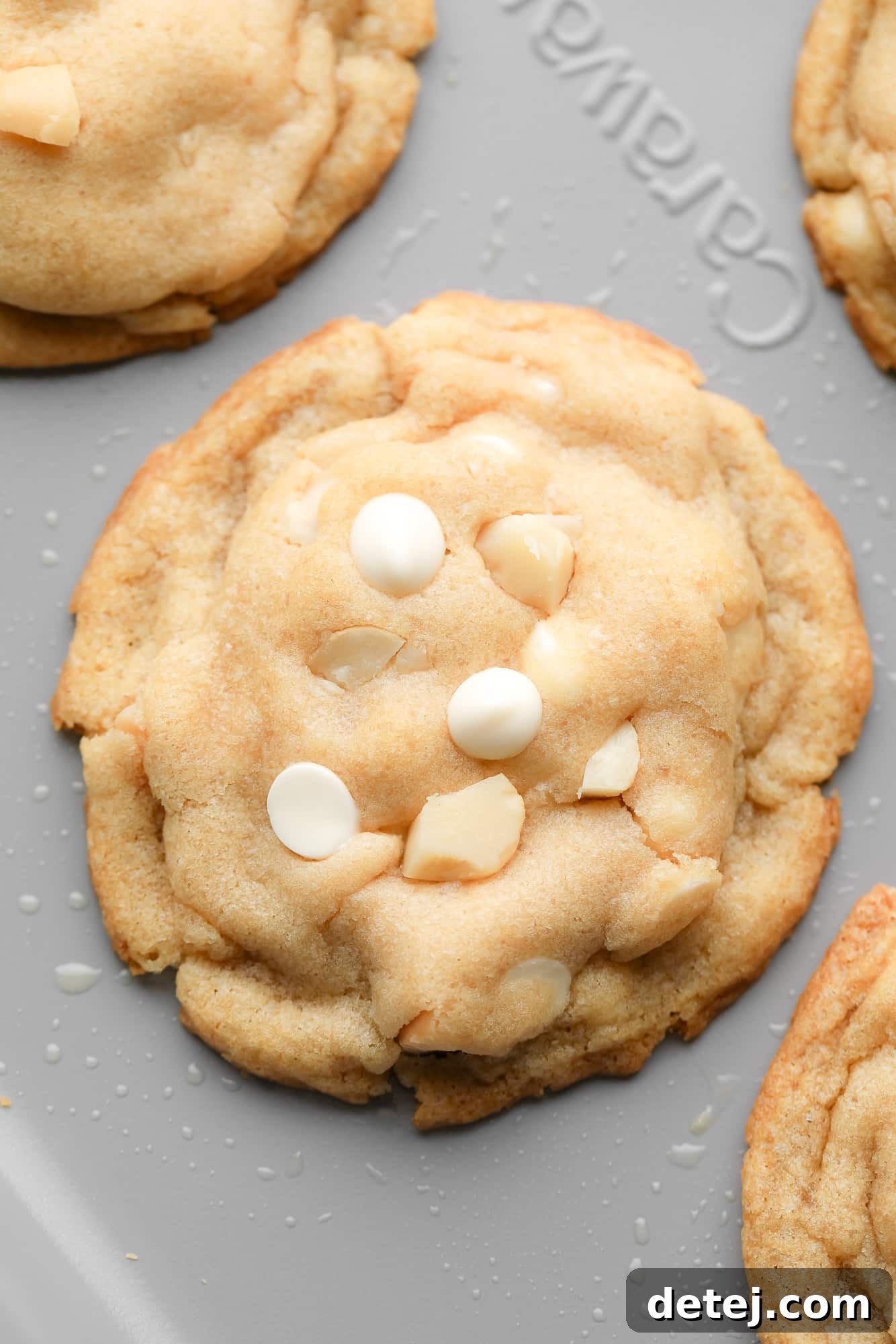 Close-up of a perfectly baked Vegan White Chocolate Macadamia Nut Cookie on a baking sheet, showing its golden edges and melted white chocolate chips.