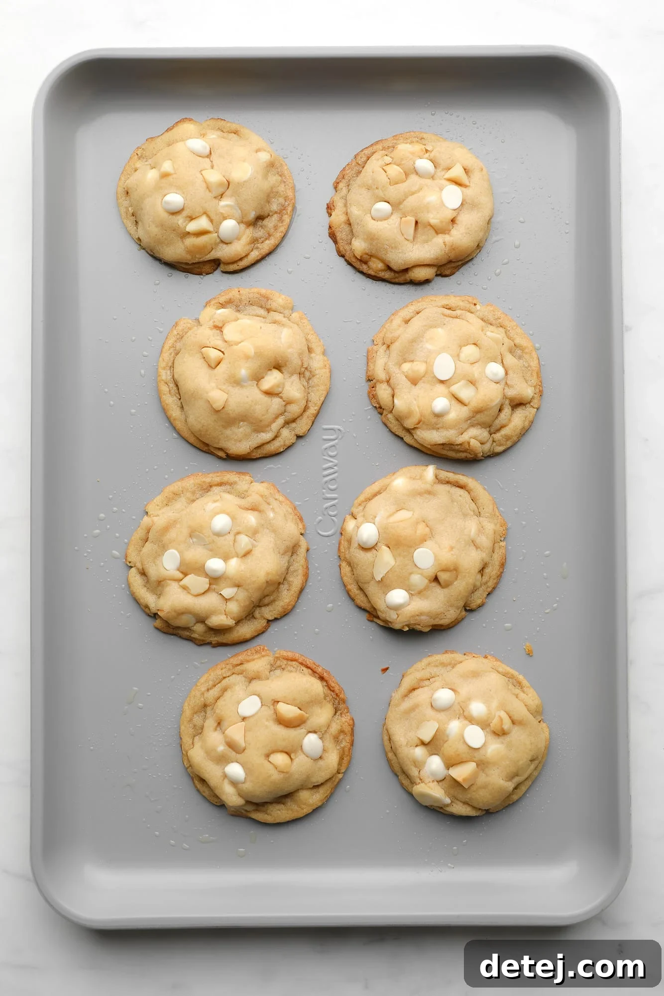 Freshly baked Vegan White Chocolate Macadamia Nut Cookies cooling on a metal baking sheet, with golden edges and soft centers.