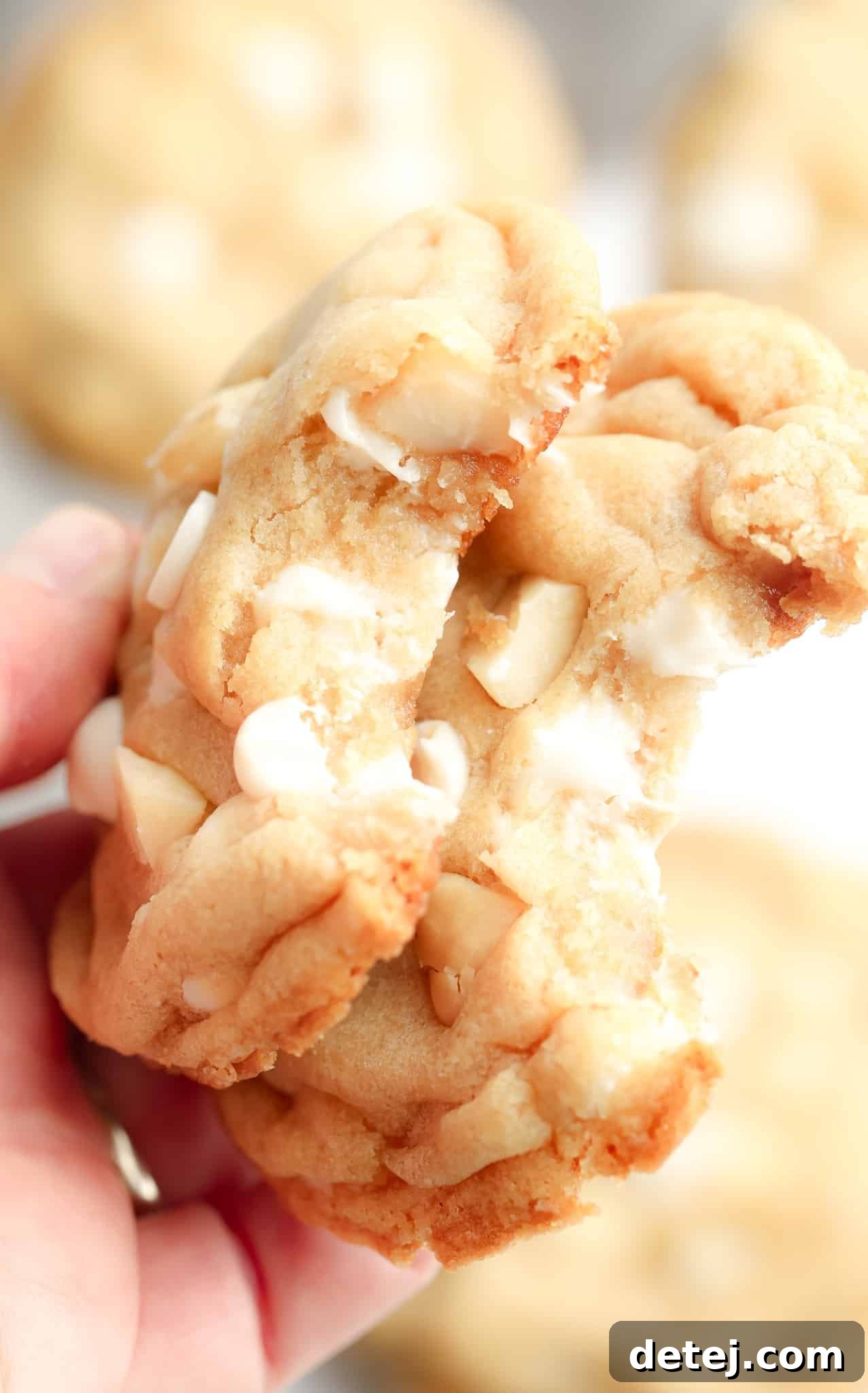 A woman's hand gently holding up two freshly baked Vegan White Chocolate Macadamia Nut Cookies, both with bites taken out, highlighting their delicious texture and generous fillings.