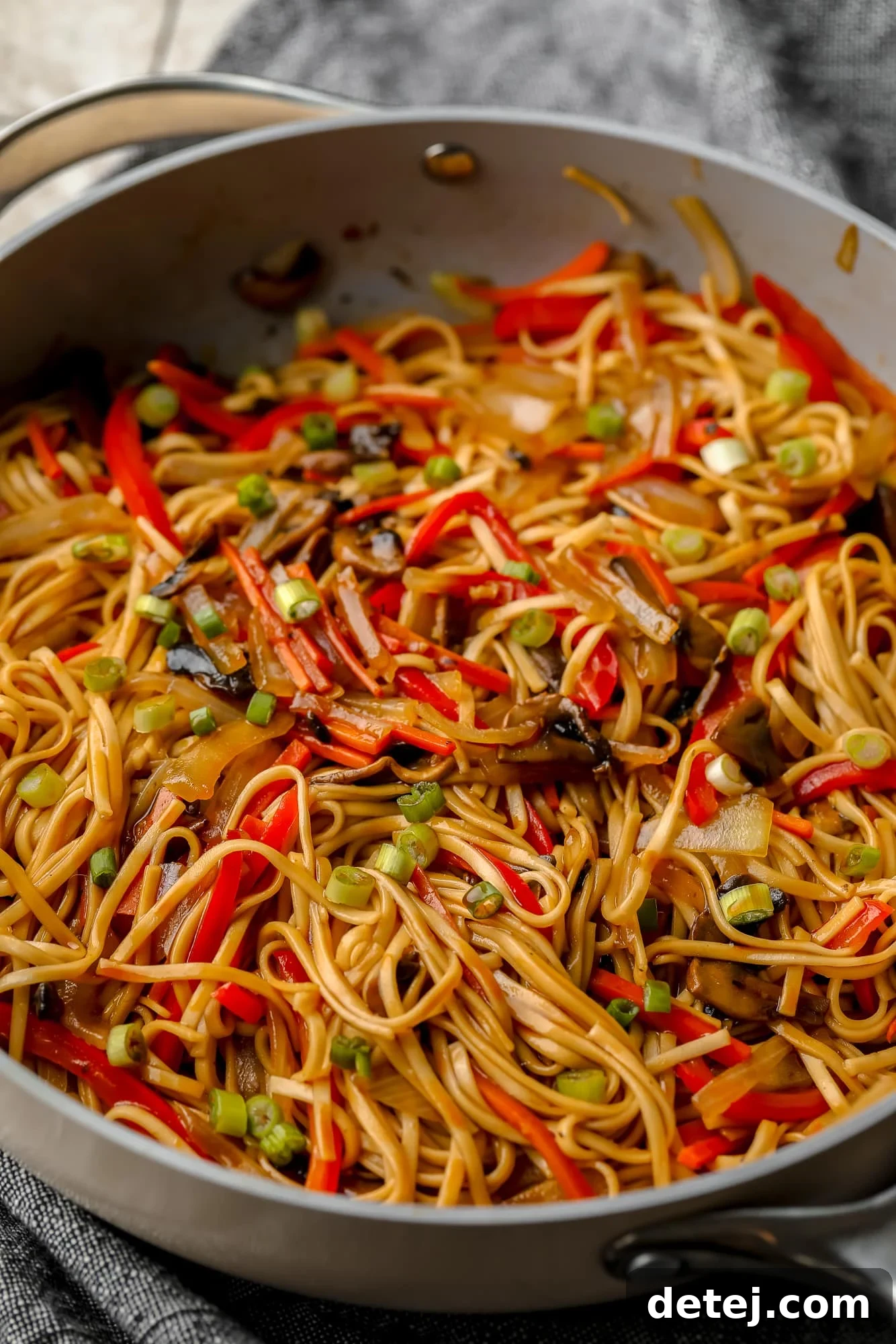 A top-down view of vegan lo mein with a generous amount of noodles and vegetables in a large gray skillet, inviting enjoyment.