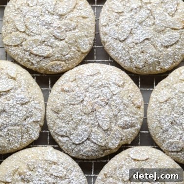 Close up on Vegan Almond Croissant Cookies topped with sliced almonds and dusted with powdered sugar.