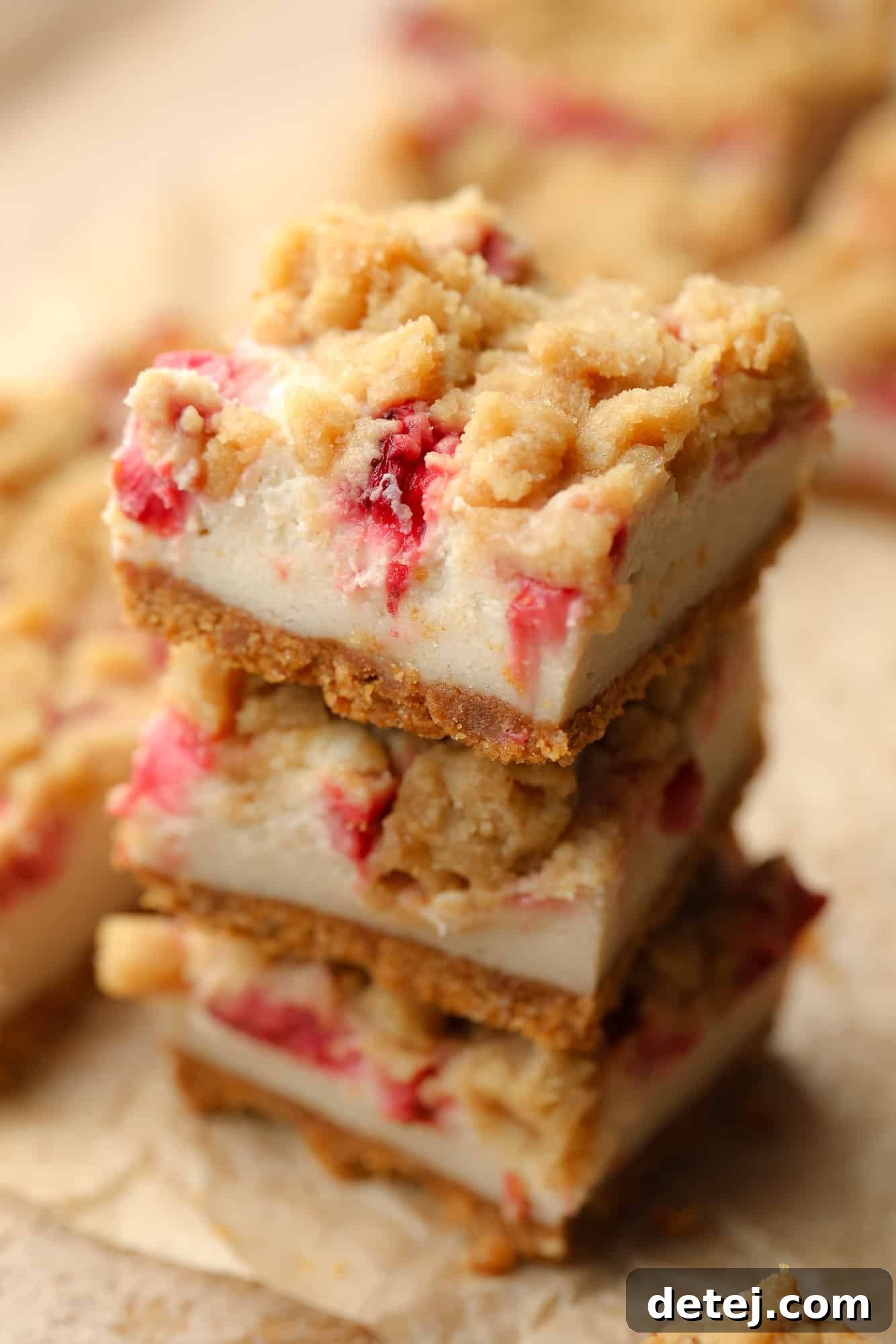 Close-up on a pile of beautifully arranged Vegan Strawberry Cheesecake Crumble Bars, showcasing the creamy filling and golden crumble.