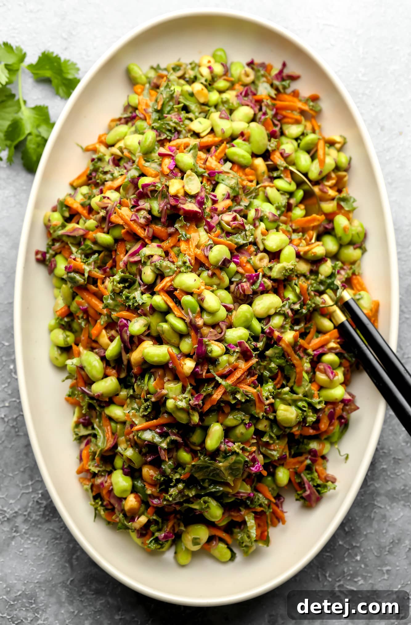 A beautifully presented large batch of Edamame Salad with Peanut Sauce on a white serving platter, garnished and ready to be served, highlighting its vibrant colors and appealing textures.