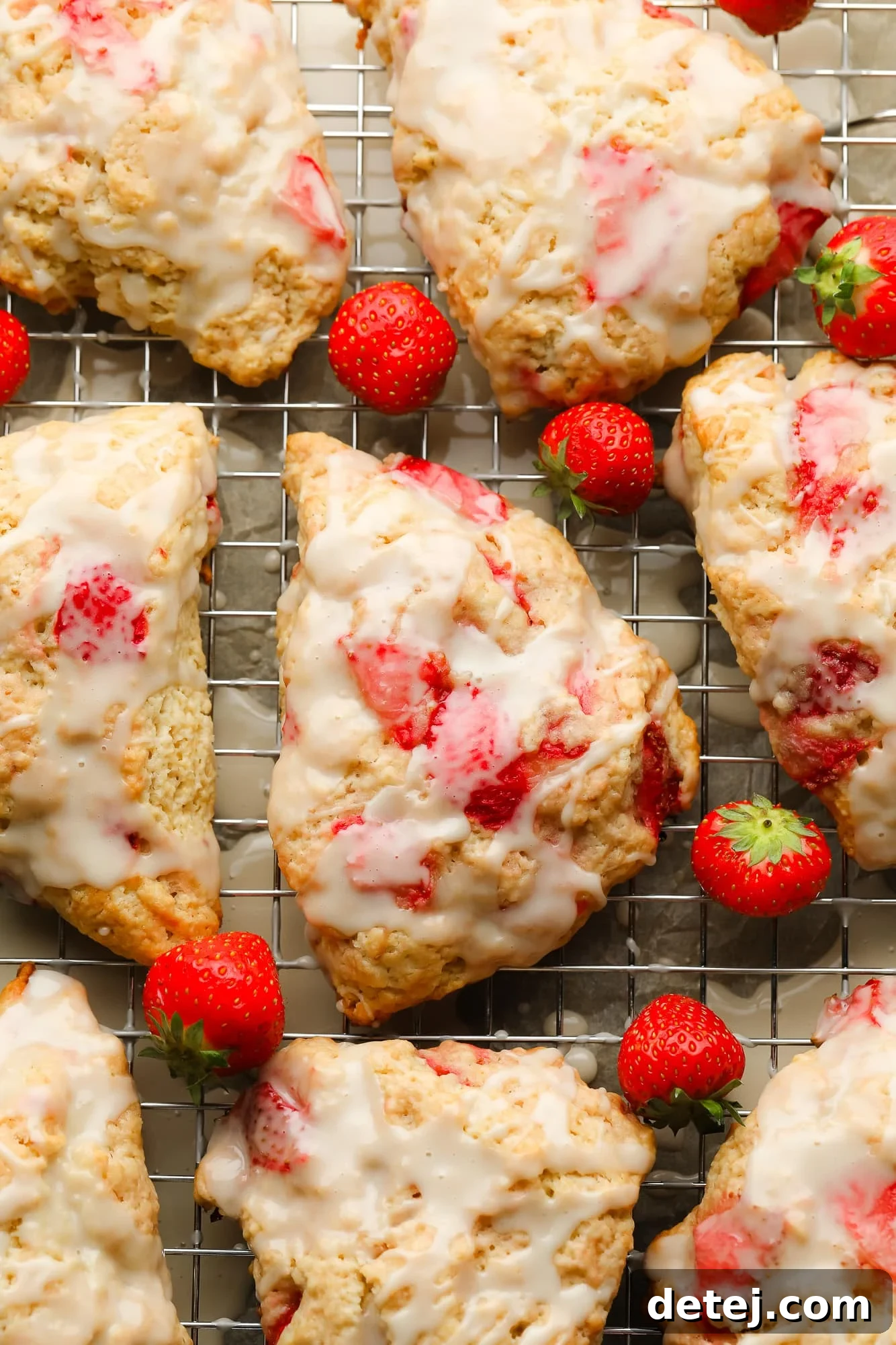 Beautifully baked vegan strawberry scones topped with a delicate vanilla glaze, resting on a wire rack.