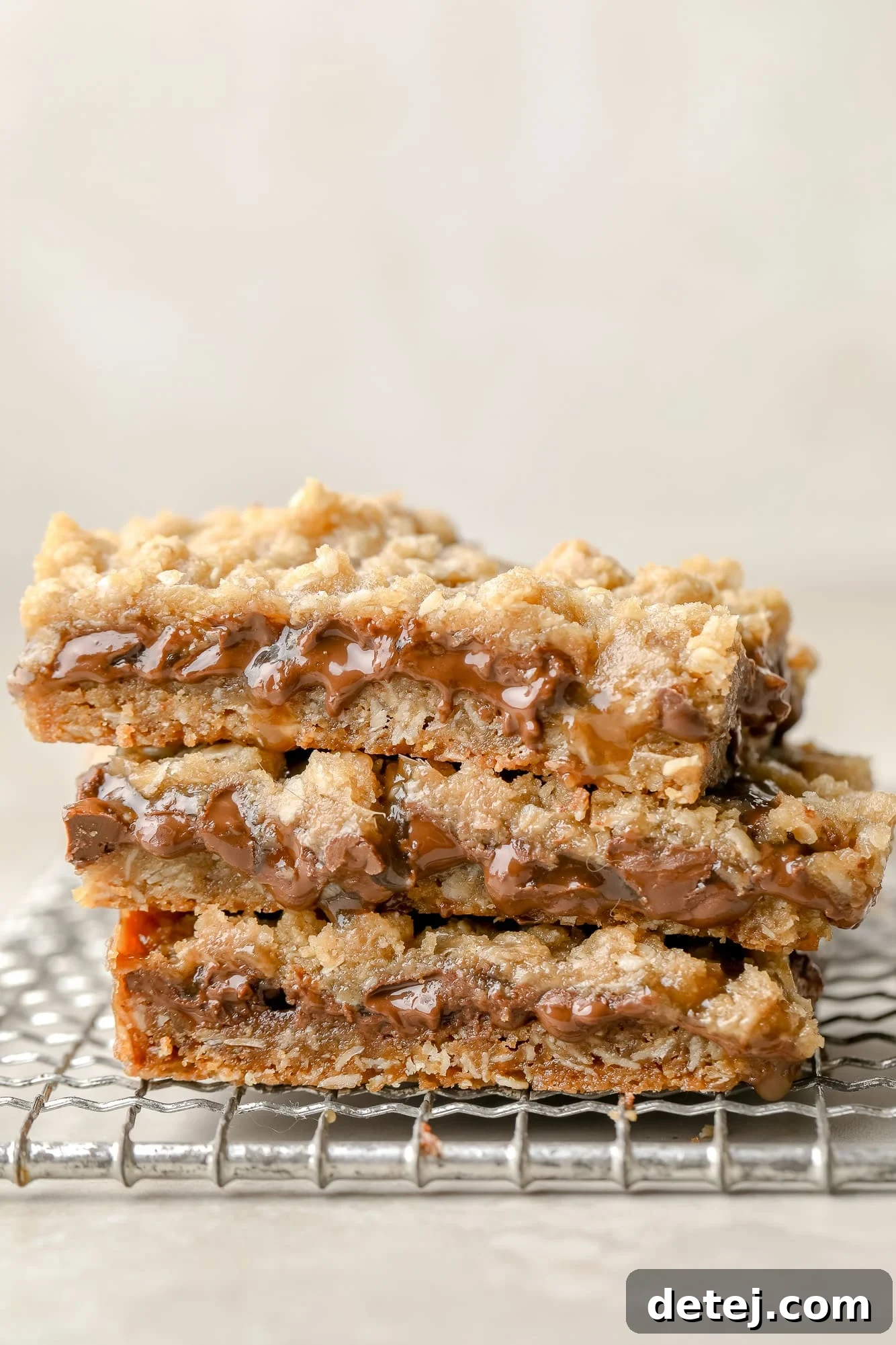 A beautifully arranged stack of three homemade Vegan Carmelitas on a sleek wire rack, showcasing their chewy layers, golden-brown oat topping, and tempting caramel drizzle with melted chocolate peeking through.