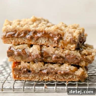 A stack of three golden-brown Vegan Carmelitas on a wire rack, with visible caramel and chocolate layers.