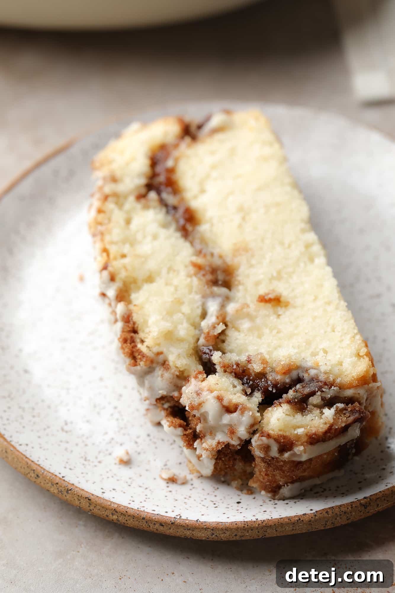 A perfectly sliced piece of Vegan Cinnamon Swirl Quick Bread on a white plate, showing the distinct swirl.
