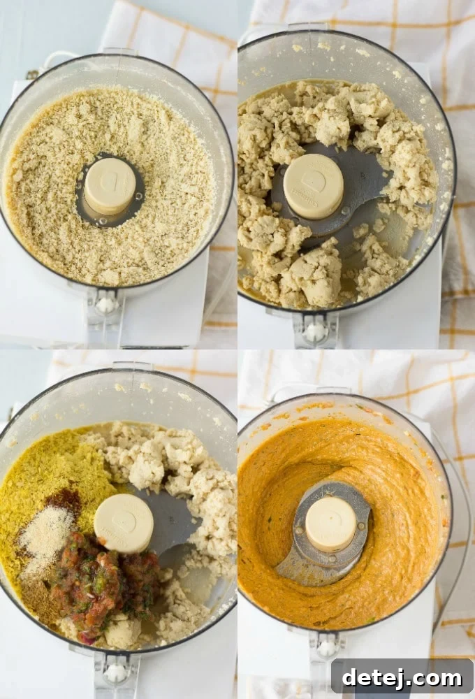 Step-by-step collage showing cashews transforming into creamy Mexican vegan cheese in a food processor