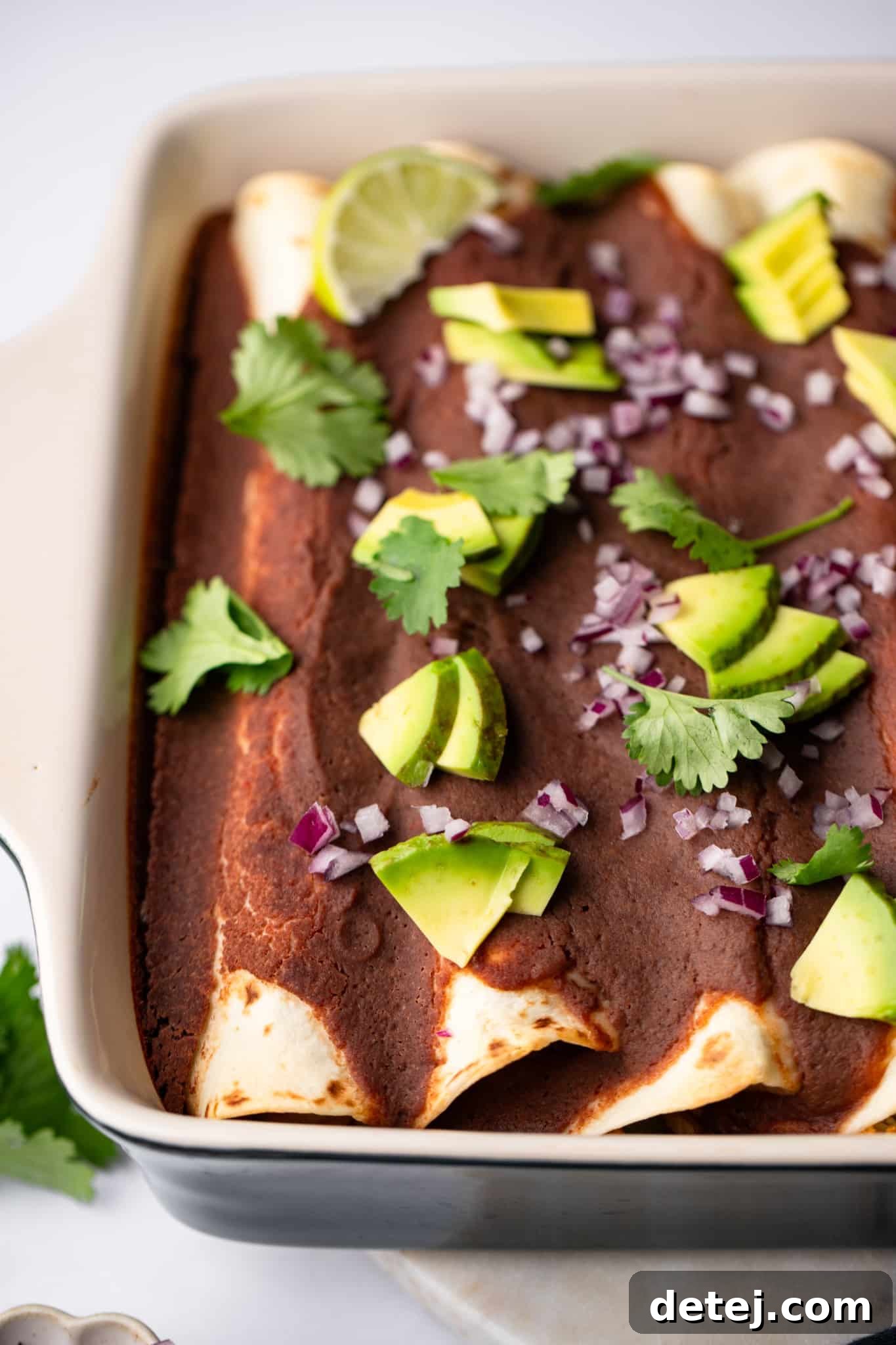 Exquisite Roasted Veggie Enchiladas with Black Bean Sauce, adorned with fresh avocado slices, red onions, and vibrant cilantro, presented beautifully in a baking dish.