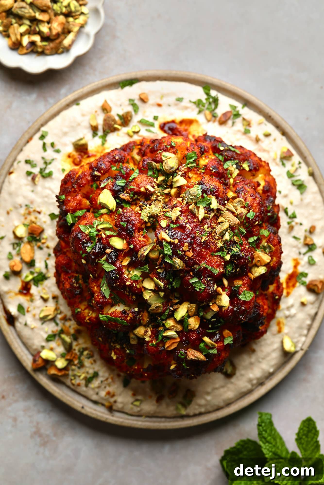 A perfectly roasted whole cauliflower head, glistening with a vibrant harissa glaze, resting on a smooth bed of white bean puree on a white plate. Garnish of fresh herbs is visible.