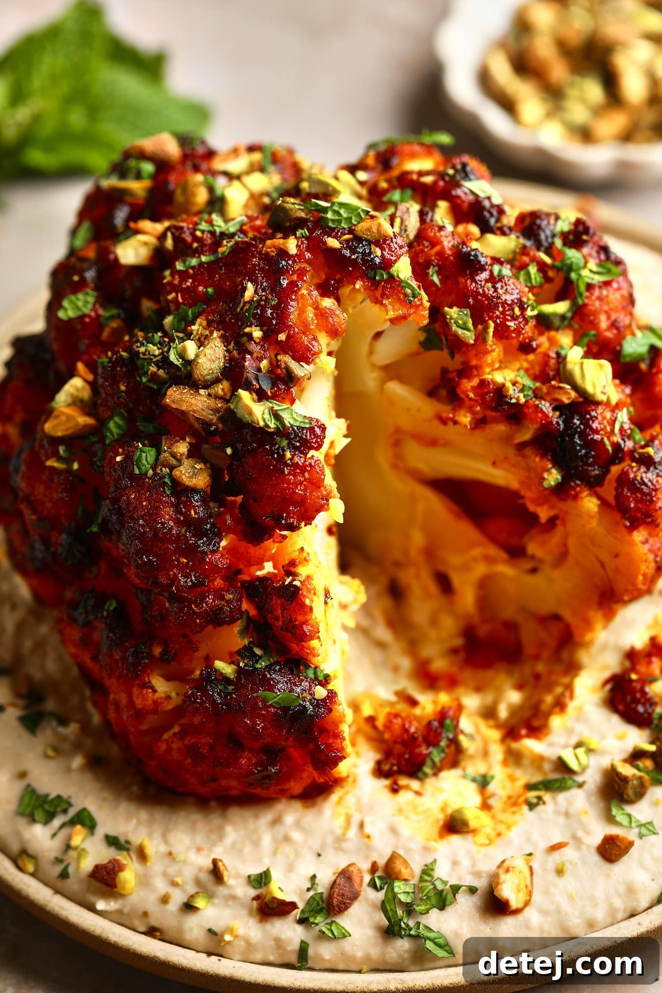 A close-up shot of a sliced harissa-glazed roasted cauliflower head, revealing its tender, flavorful interior, served atop a creamy white bean spread on a plate.