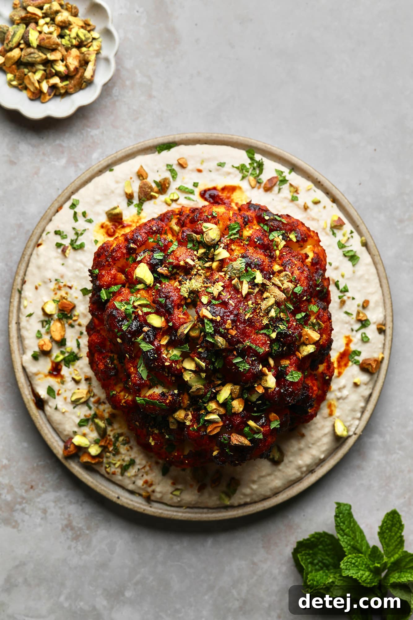 A final presentation of the harissa-glazed roasted cauliflower head on a white bean spread on a plate, garnished with fresh herbs, ready to be served.