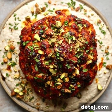 A harissa-glazed roasted cauliflower head on a white bean spread on a plate.