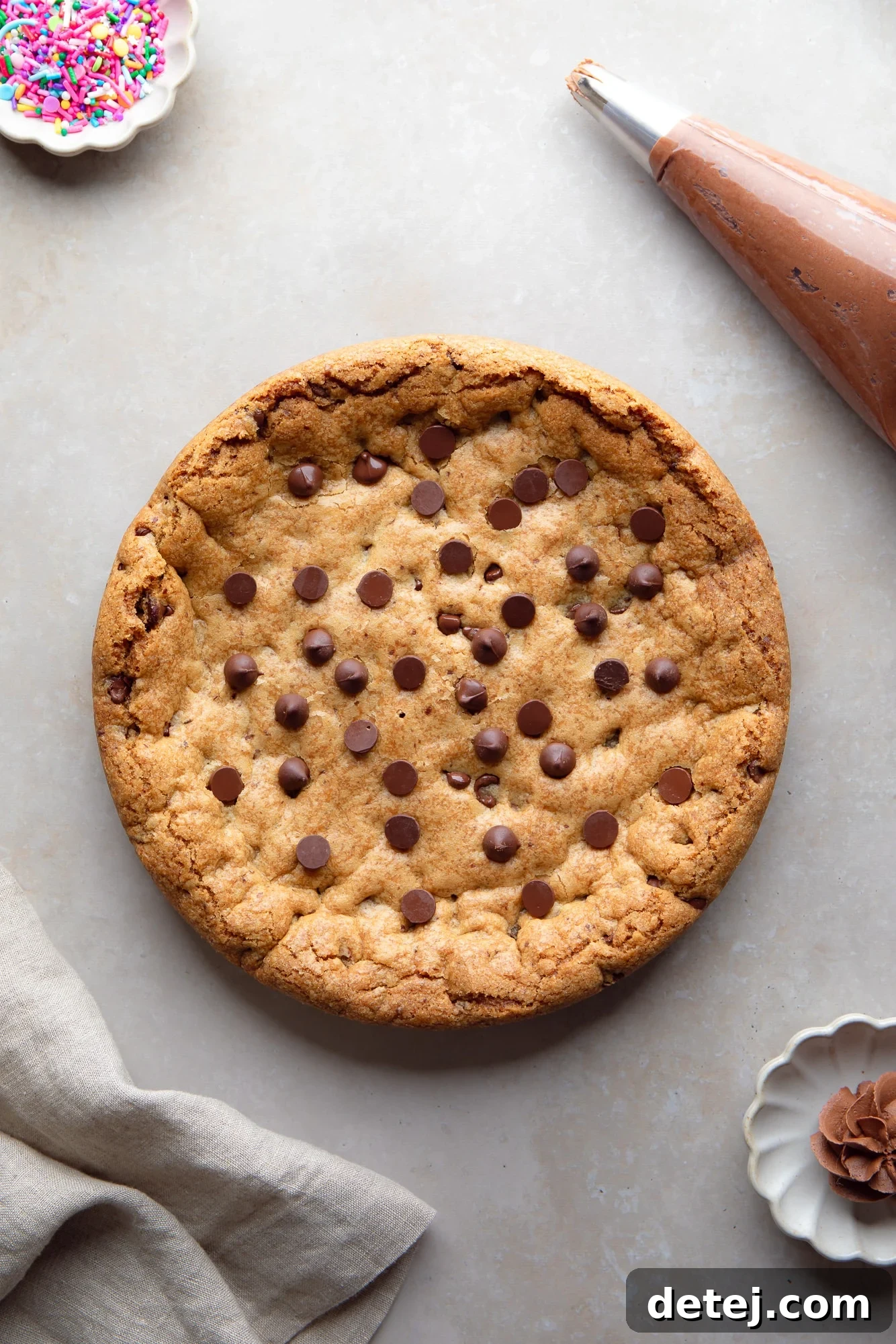 Ultimate Vegan Cookie Cake 6 overhead view of a baked vegan cookie cake.