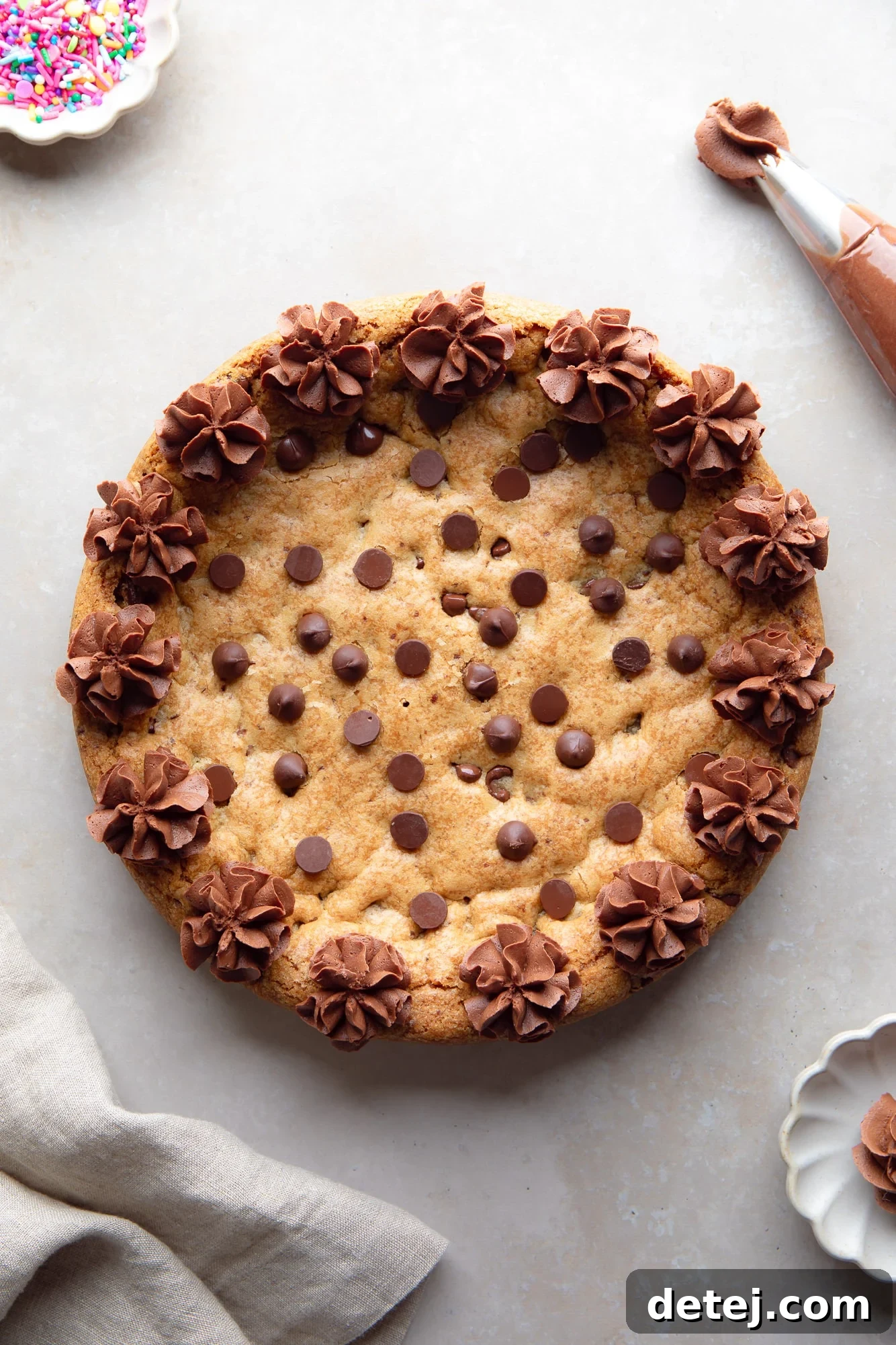 Ultimate Vegan Cookie Cake 7 overhead view of a vegan cookie cake decorated with piped chocolate frosting.