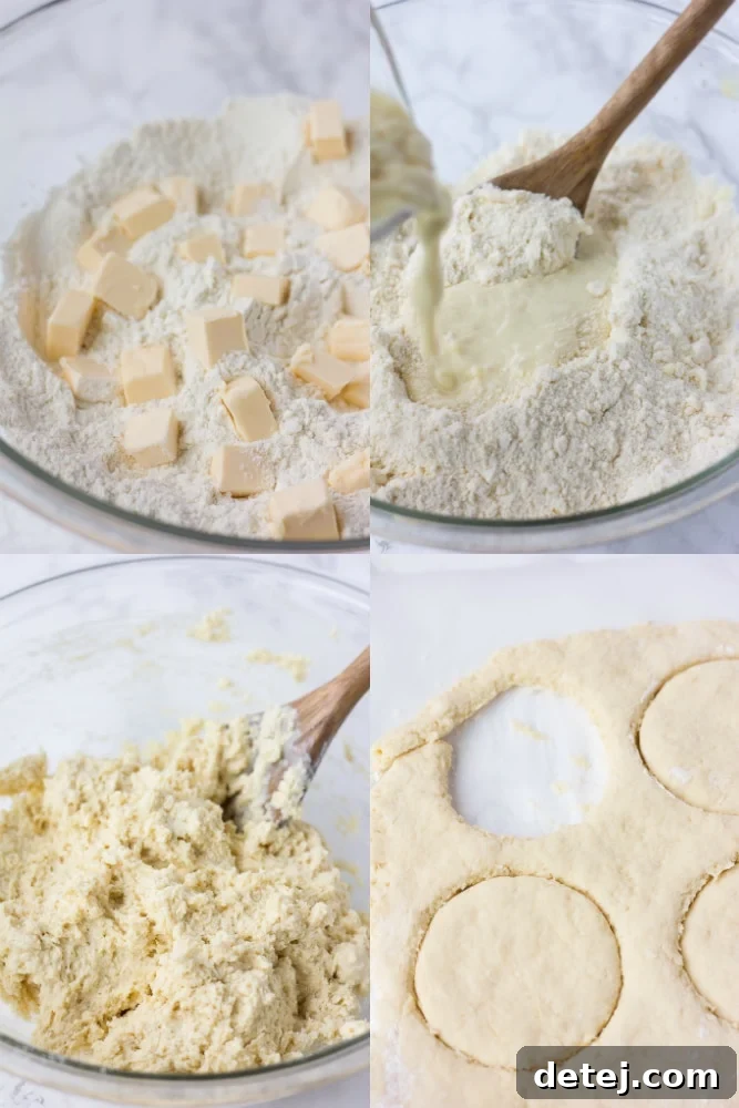Collage showing steps for making vegan strawberry shortcake biscuits and whip