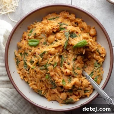 A beautifully presented bowl of One Pot Creamy Tomato Orzo, garnished for serving.