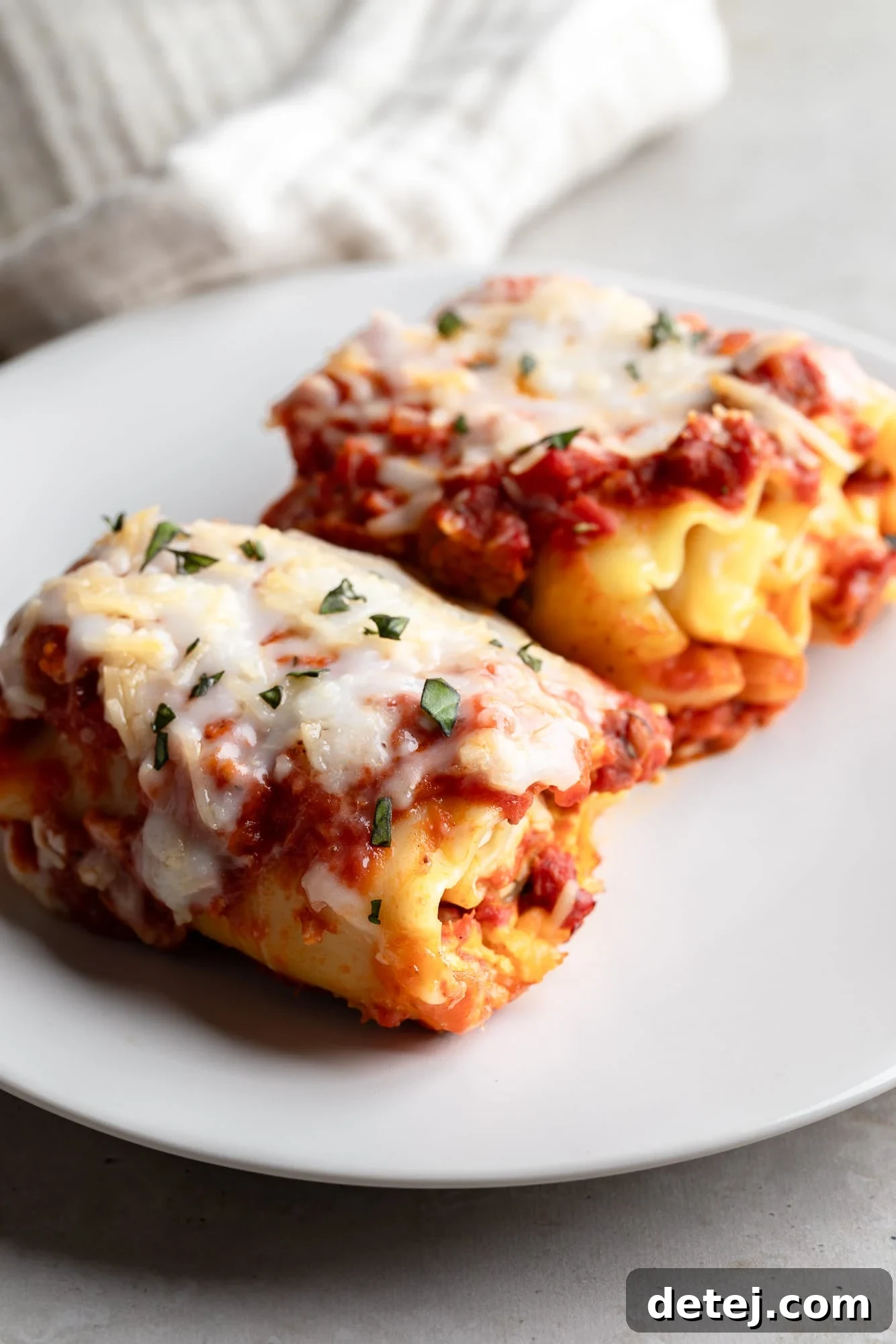 Close-up on two perfectly baked vegan lasagna rolls, golden and bubbly, served on a white plate, showcasing their rich texture and cheesy topping.