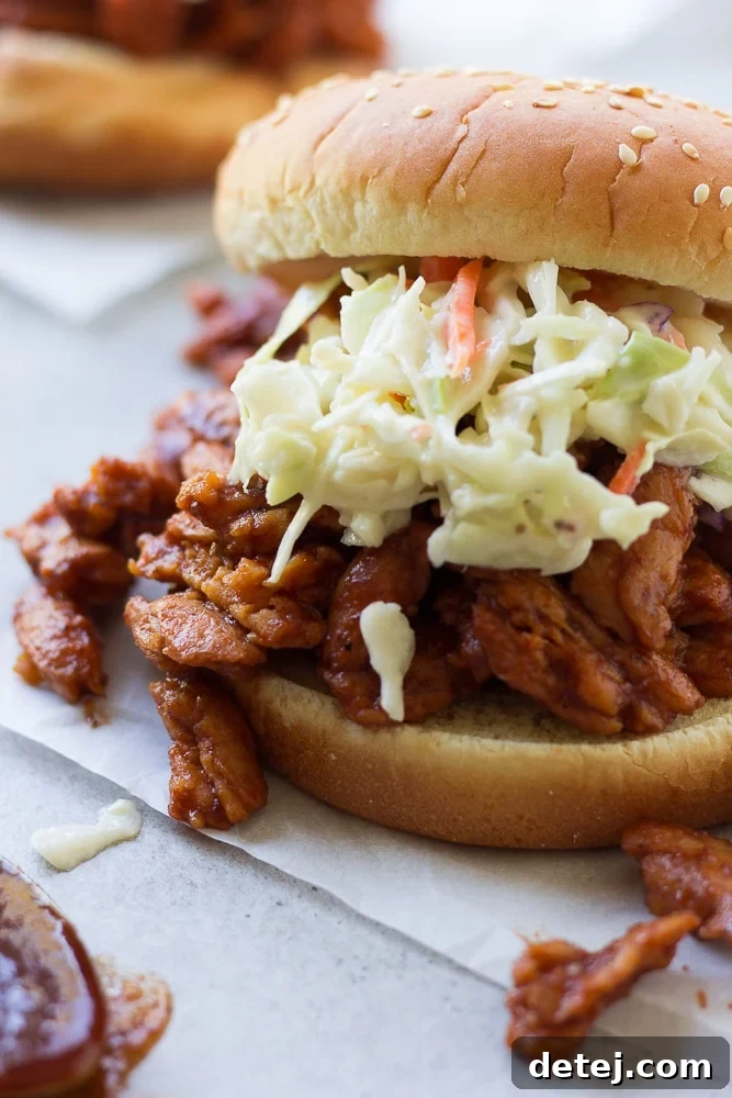 Ultimate Vegan BBQ Soy Curl Sandwich 6 close up of vegan bbq sandwich with soy curls