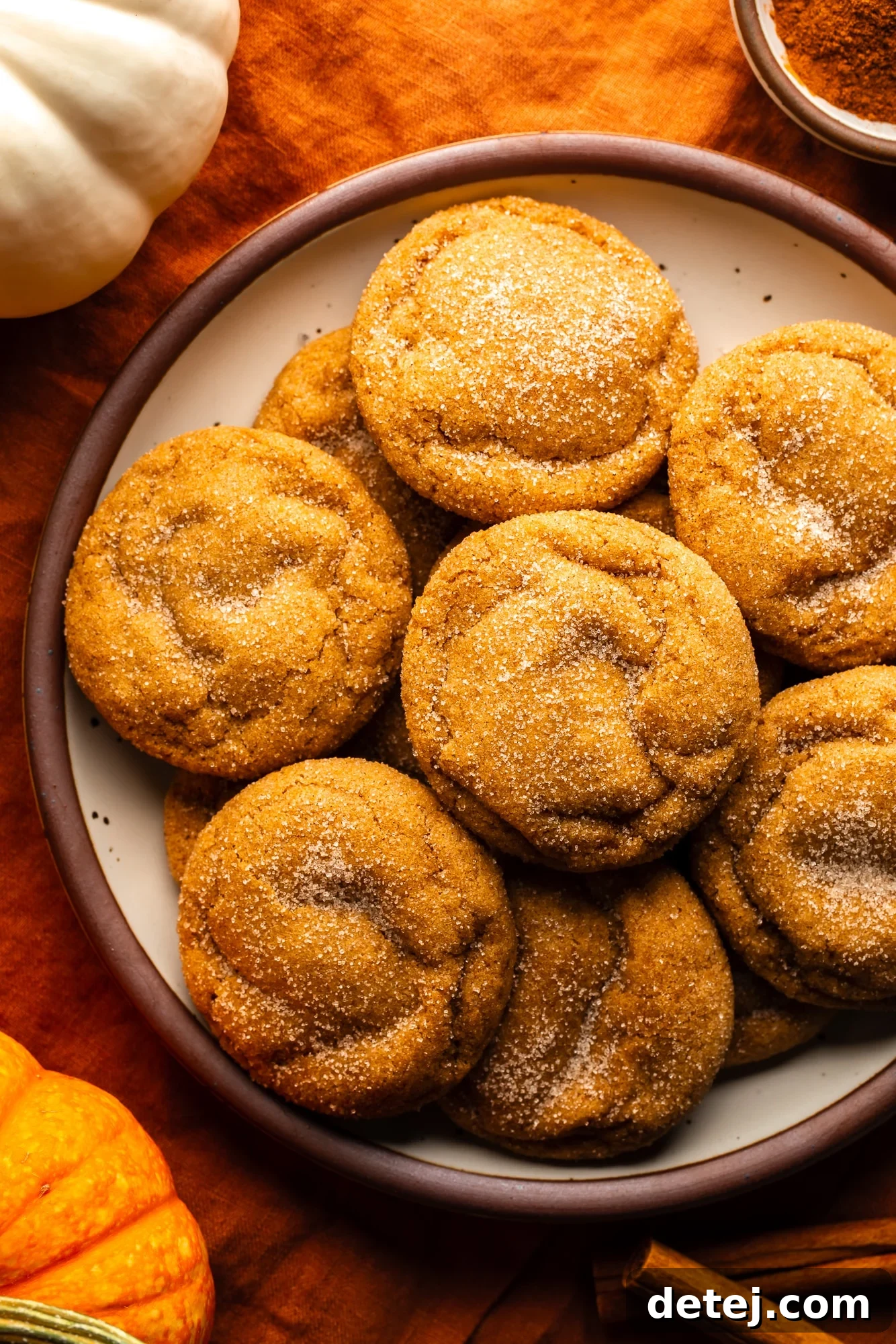 overhead view of a plate of cinnamon sugar-coated Vegan Pumpkin Snickerdoodles.