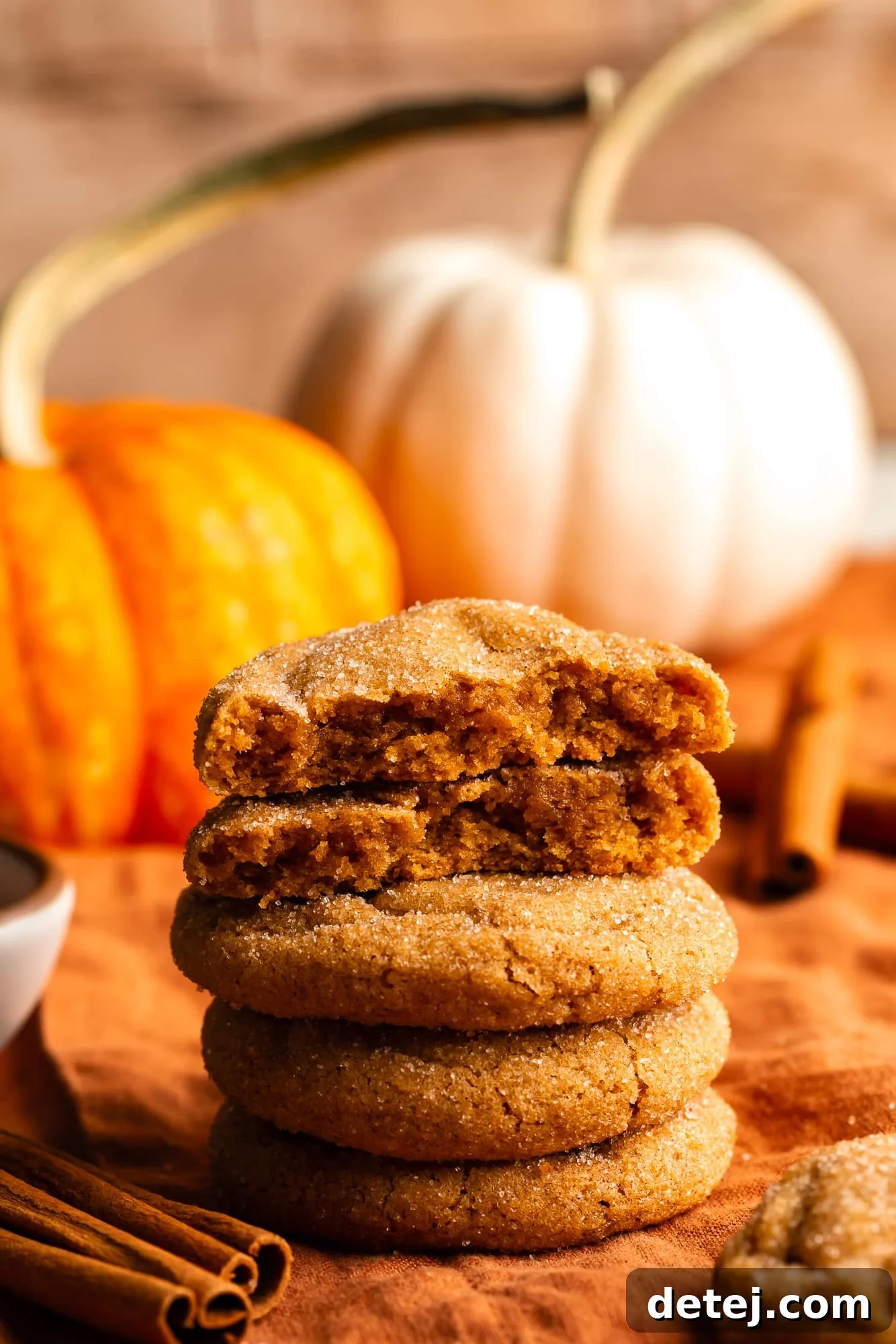 a stack of Vegan Pumpkin Snickerdoodles with pumpkins in the background.