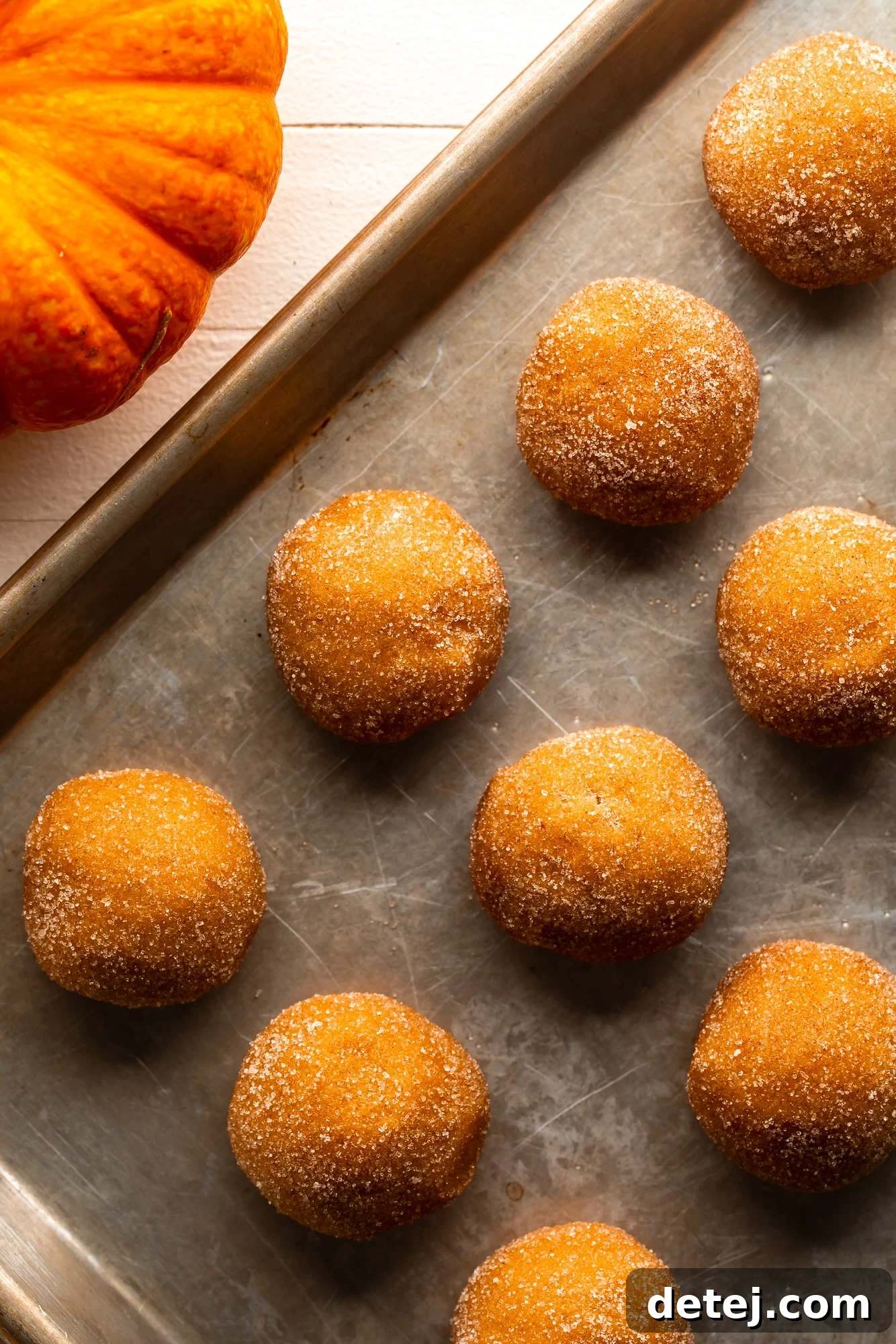 overhead view of unbaked vegan pumpkin snickerdoodle cookie dough balls on a baking sheet.