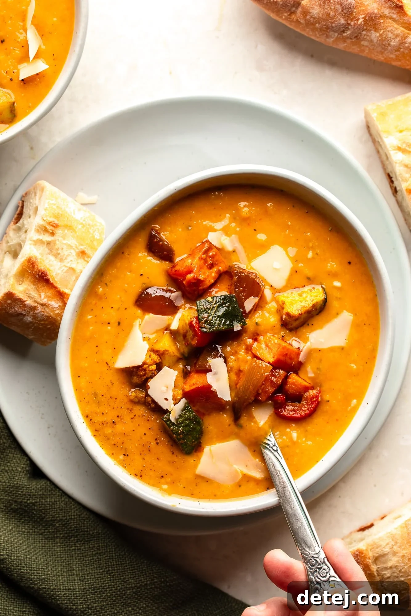 Overhead view of a bowl of creamy roasted vegetable soup, garnished with extra roasted vegetables and a slice of rustic bread on the side.