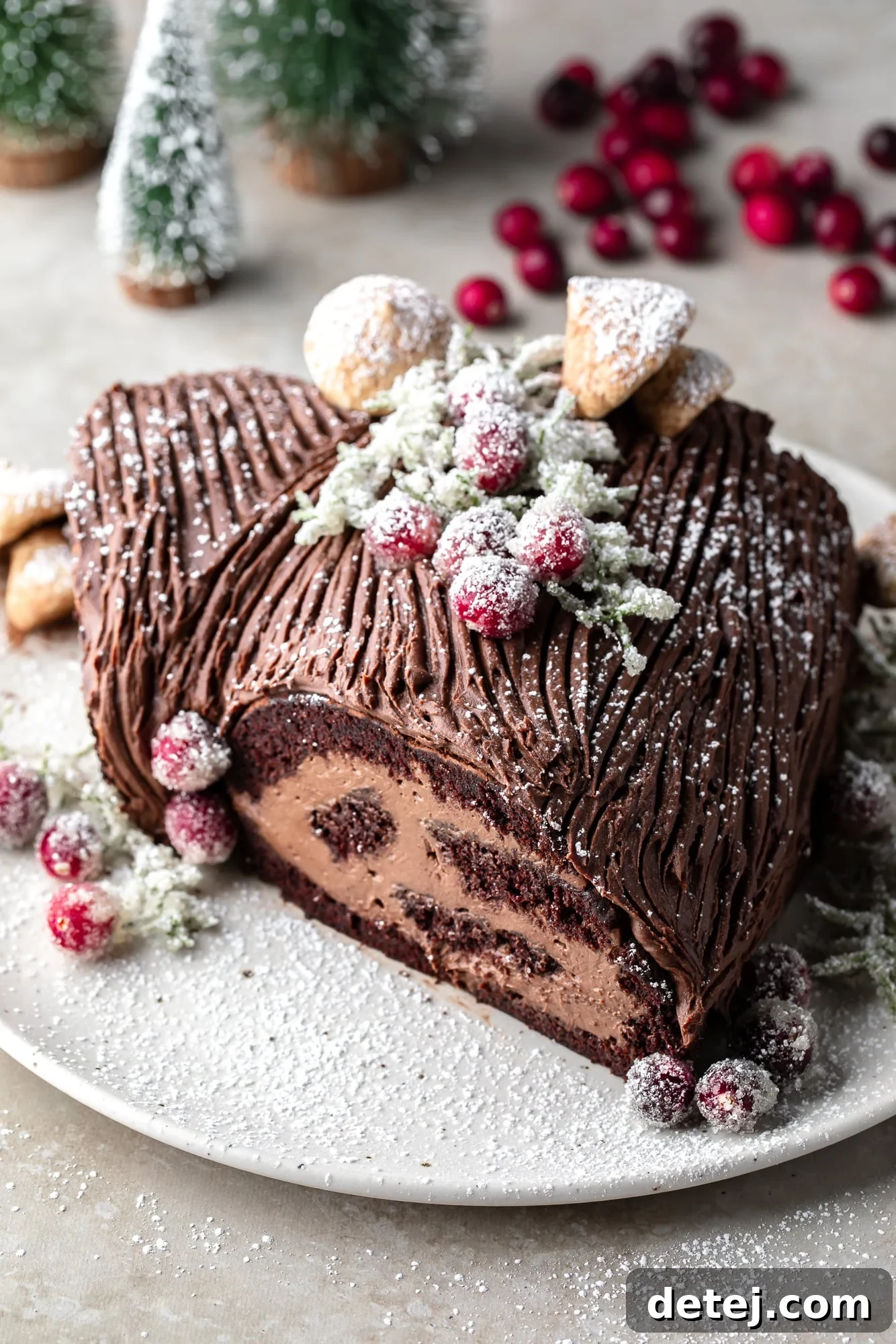 overhead view of a vegan yule log cake topped with sugared cranberries and meringue mushrooms on a white plate.