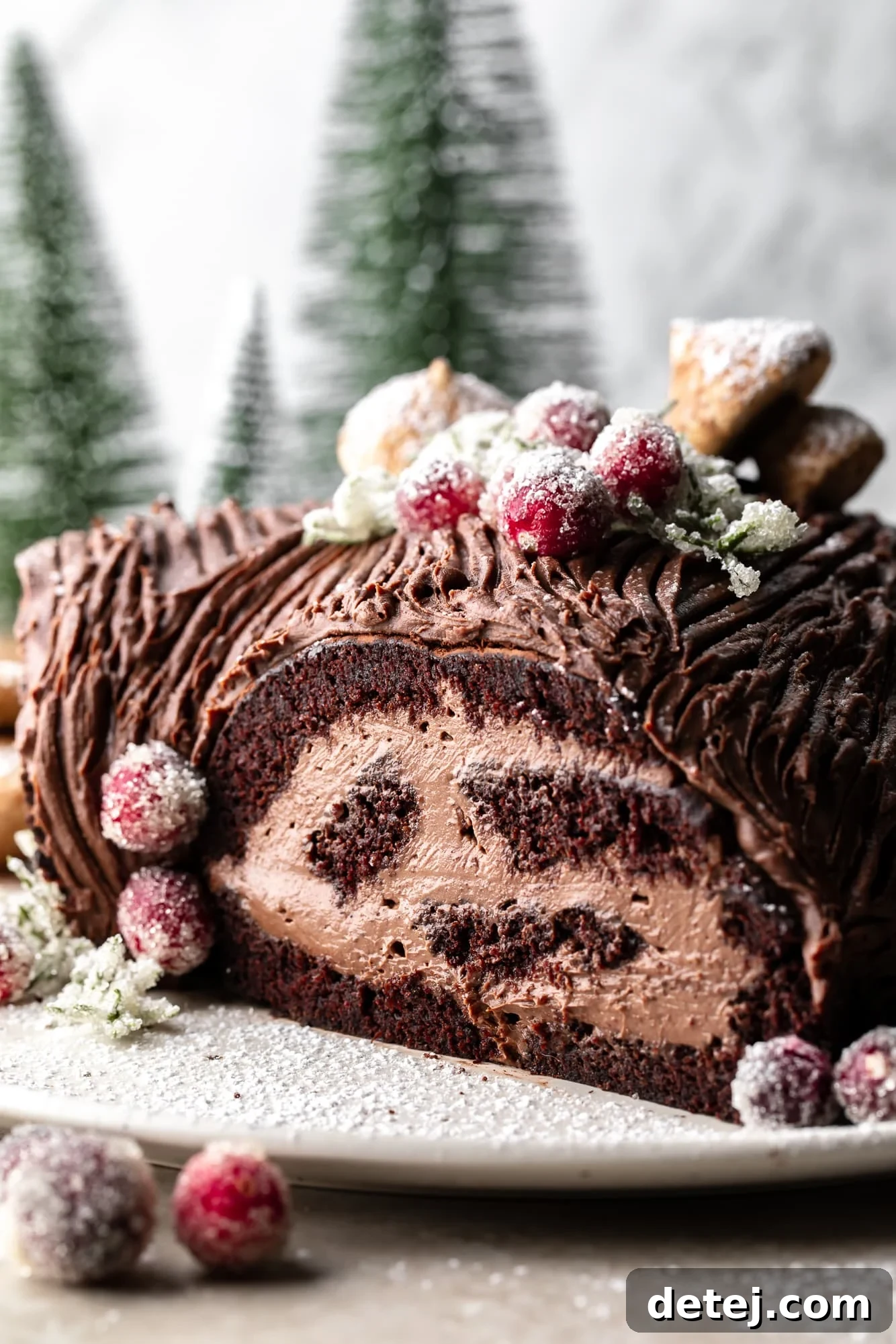 side view of a vegan yule log cake on a white plate.