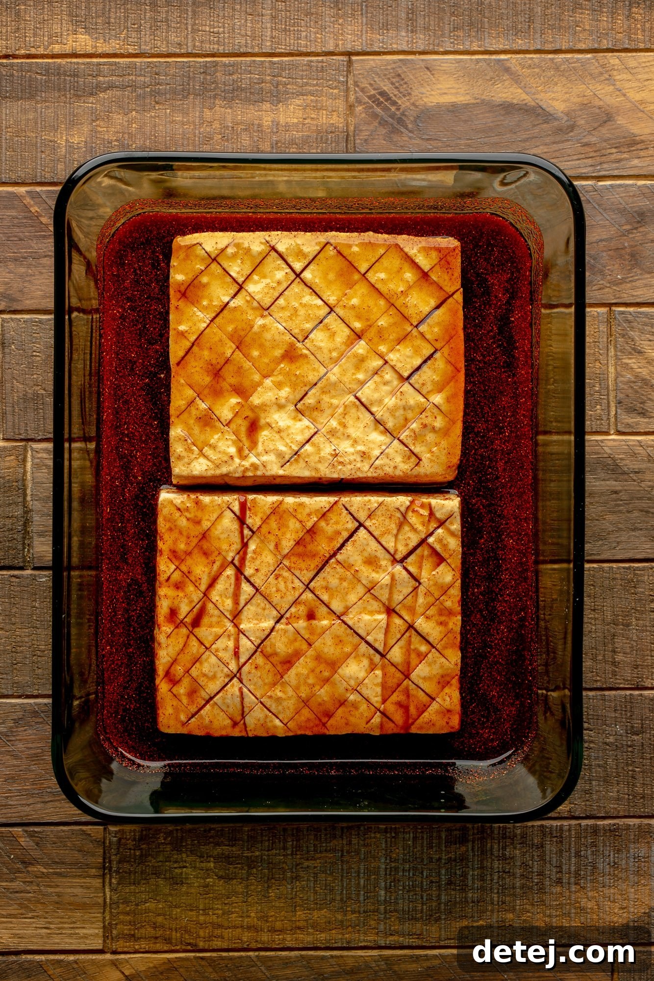 overhead view of 2 marinated and scored tofu blocks in a glass container.