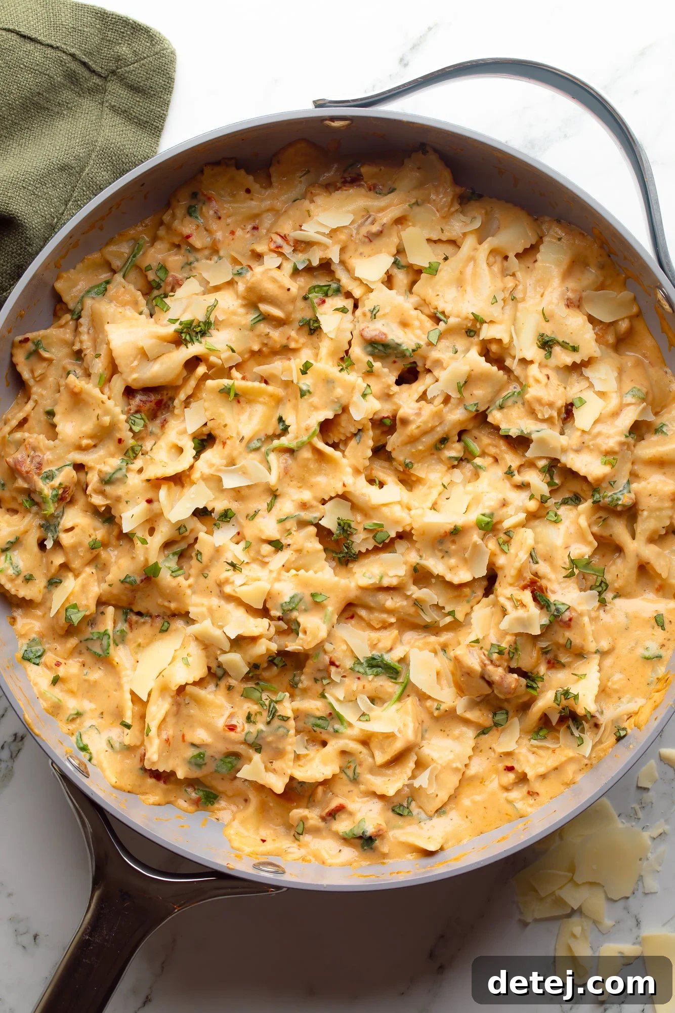overhead view of vegan marry me pasta in a large skillet.
