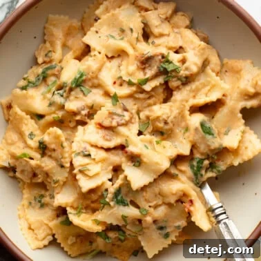overhead view of vegan marry me pasta in a bowl.