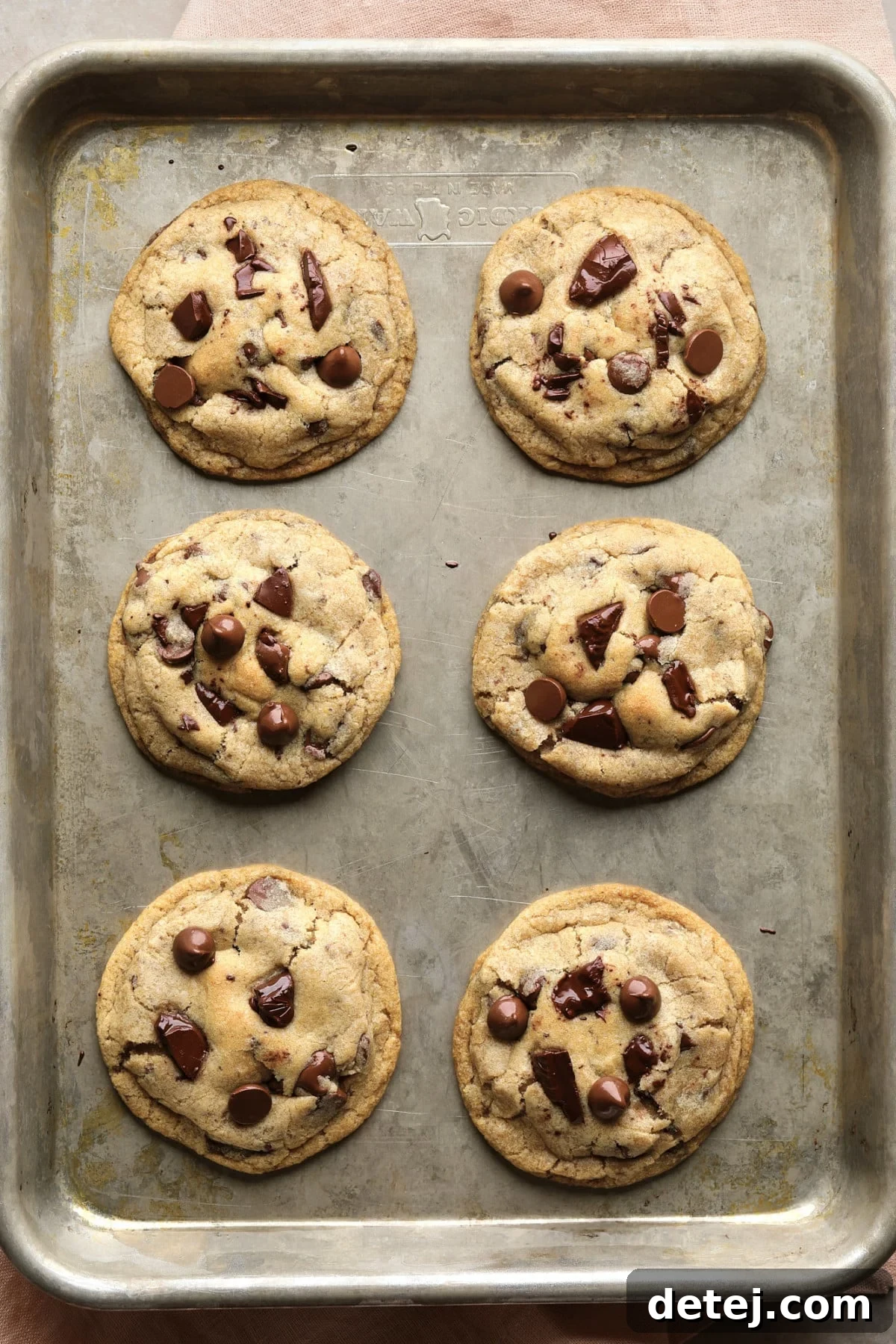 A baking sheet fresh from the oven, holding six perfectly baked vegan chocolate chip cookies, their edges lightly golden and centers soft.