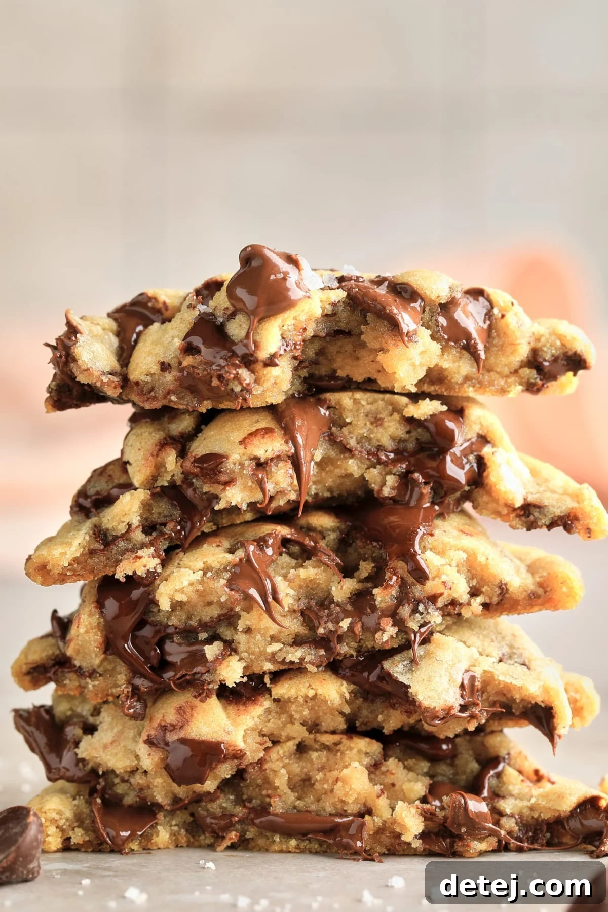 A delectable stack of several vegan chocolate chip cookies, each broken in half to reveal its soft, chewy interior, set against a stylish grey background with a touch of a pink towel.