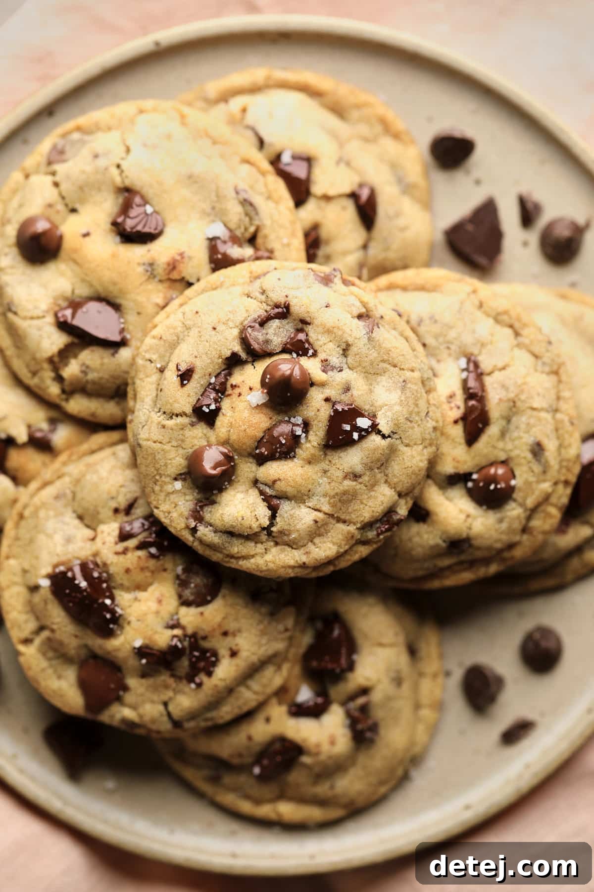 A beige plate filled with an inviting stack of freshly baked vegan chocolate chip cookies, accompanied by a soft pink towel, set against a warm, comforting backdrop.