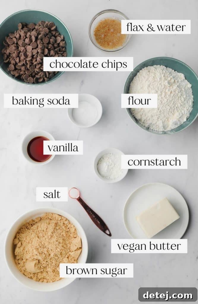 A flat lay of all the labeled ingredients meticulously arranged for making perfect vegan chocolate chip cookies, including vegan butter, brown sugar, flour, chocolate chips, and more, on a light-colored surface.