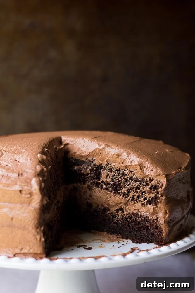 vegan chocolate cake with a slice taken out of it