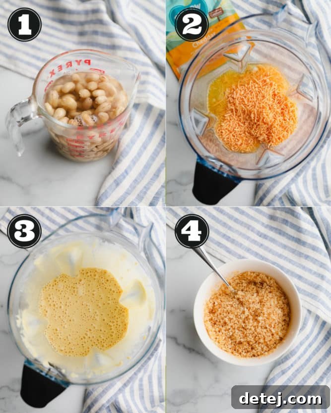 A collage demonstrating the steps to make vegan cheese sauce with cashews, showing cashews soaking and then blended into a smooth, creamy sauce.