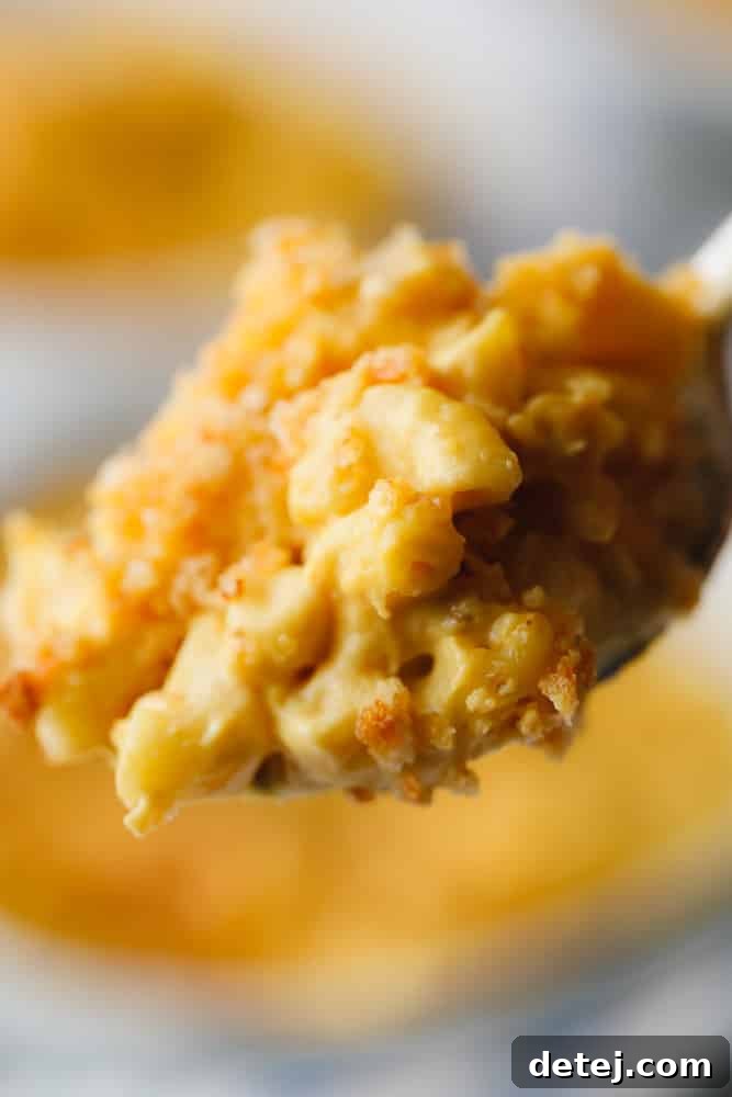 A spoonful of vegan mac and cheese, showing rich orange sauce and crispy breadcrumbs, lifted from a bowl.