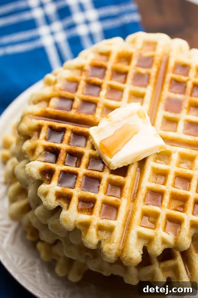 Fluffy Vegan Gluten-Free Waffles 4 Side shot of a stack of vegan gluten-free waffles with syrup and butter