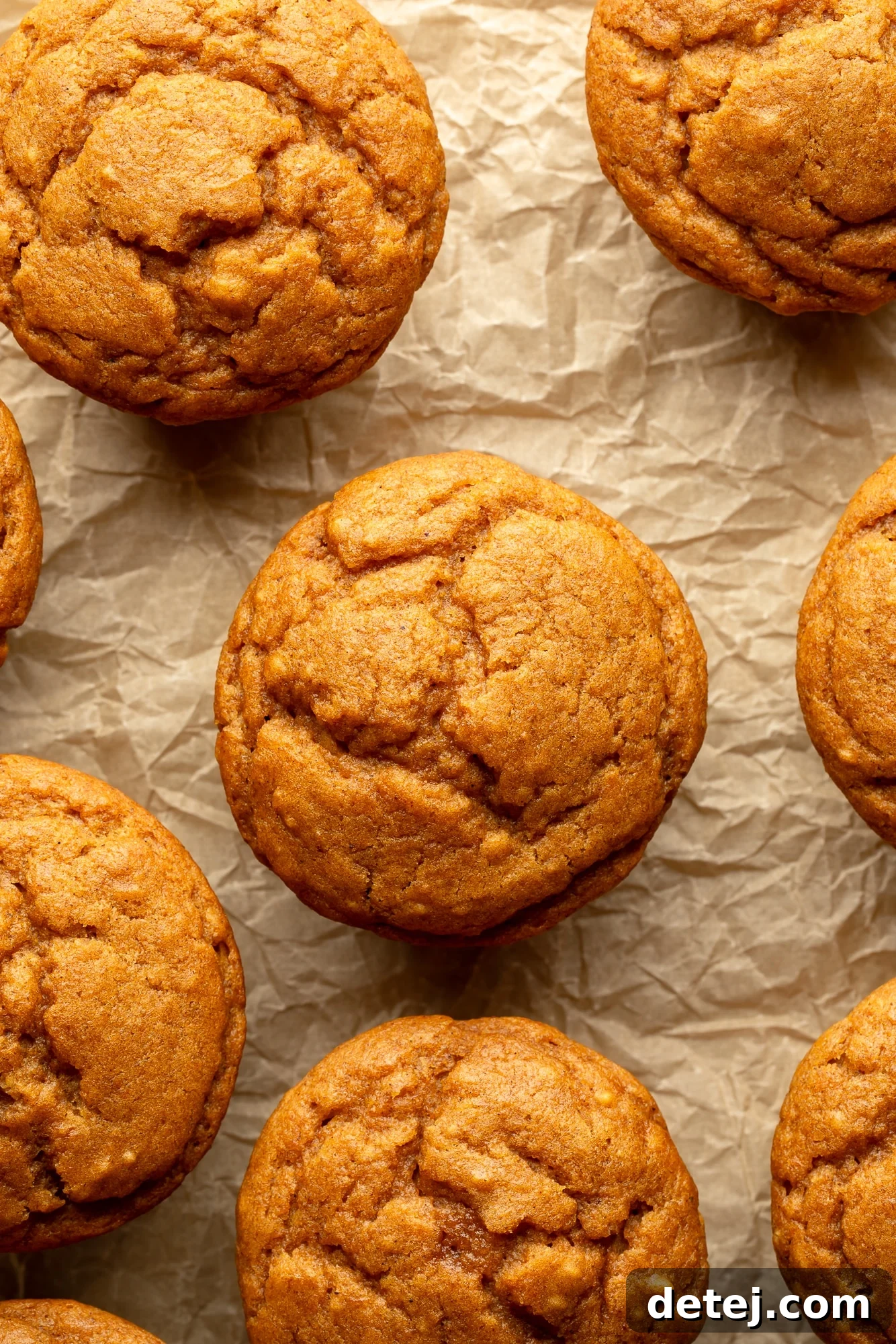Overhead view of warmly spiced Vegan Pumpkin Muffins cooling on a sheet of parchment paper.