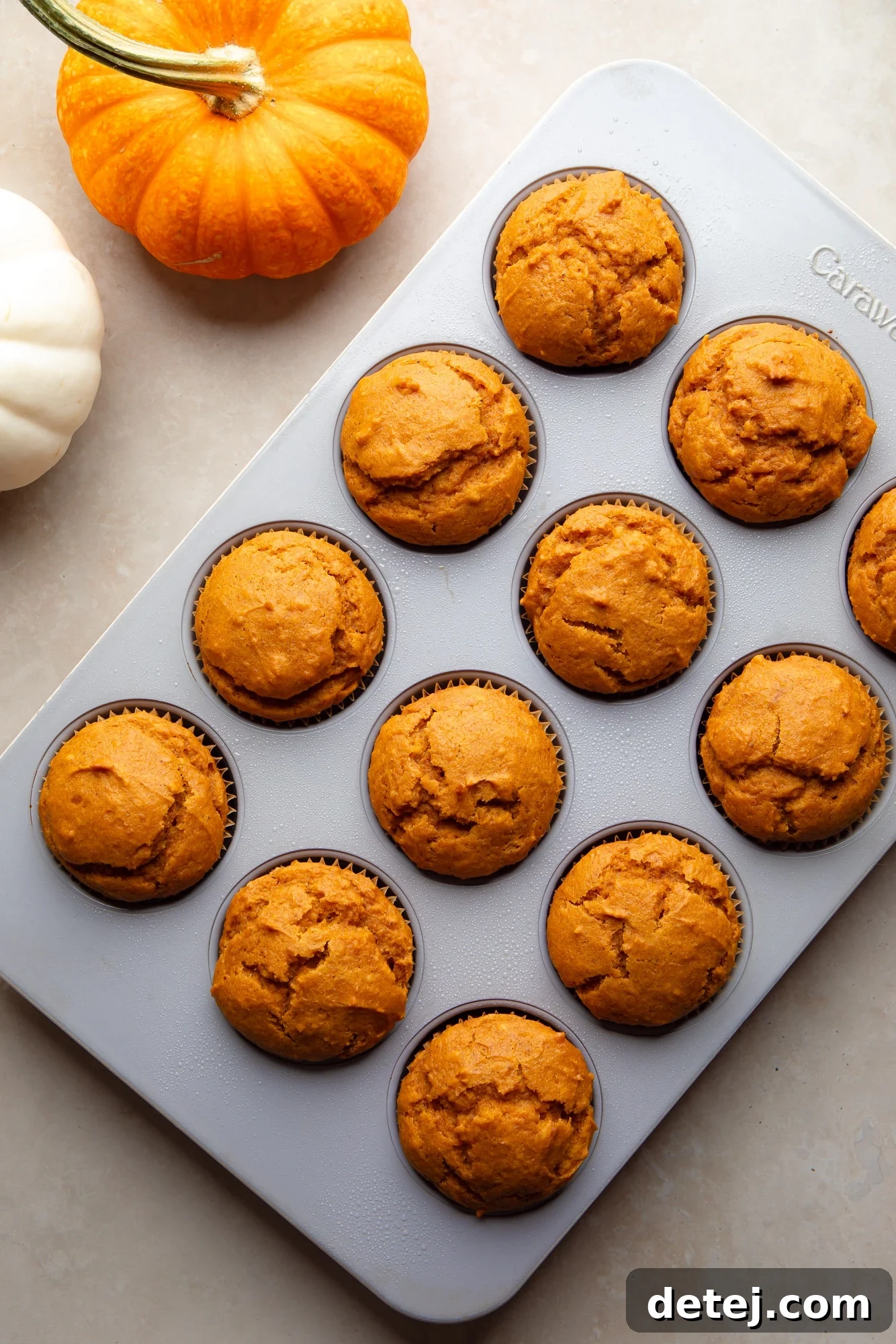 Overhead view of perfectly baked Vegan Pumpkin Muffins, golden brown and risen, cooling in a muffin tin.