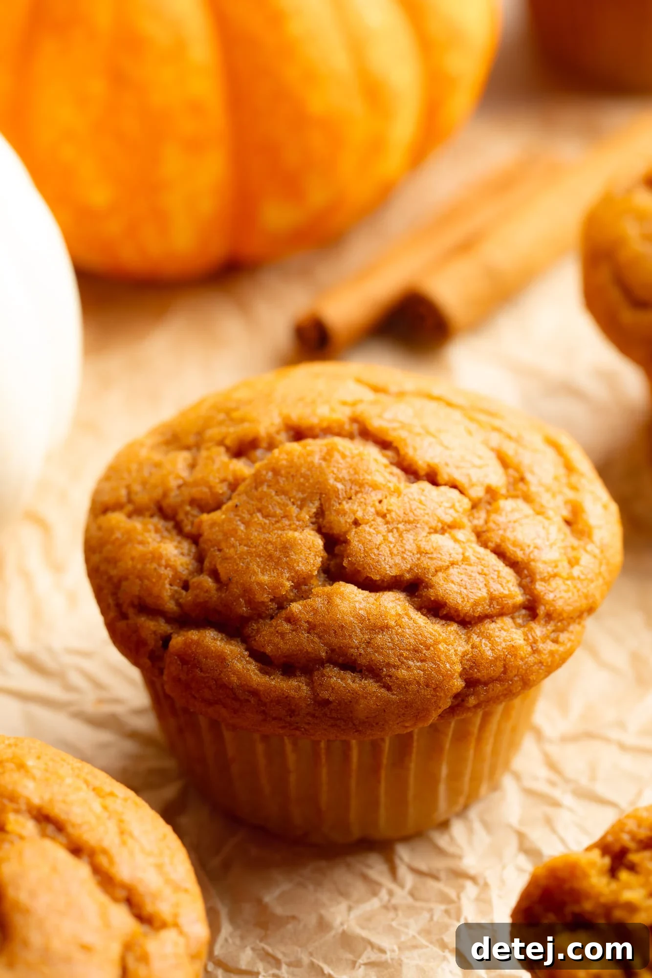 A single Vegan Pumpkin Muffin beautifully displayed with cinnamon sticks and a small decorative pumpkin in the background, highlighting the fall theme.