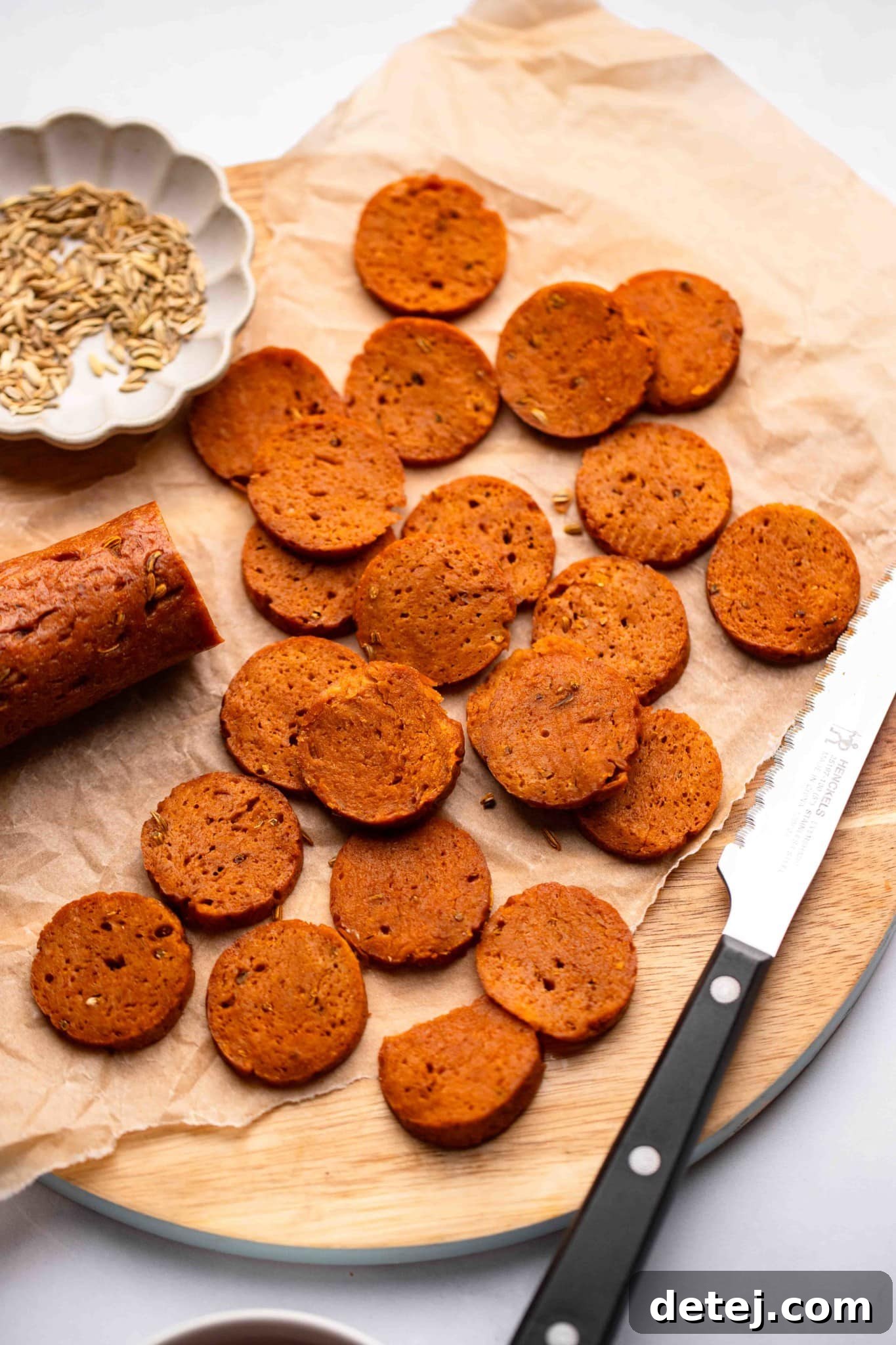 Plant-Powered Pepperoni 2 Thinly sliced vegan pepperoni arranged on a rustic wooden board, ready for serving or topping pizzas.