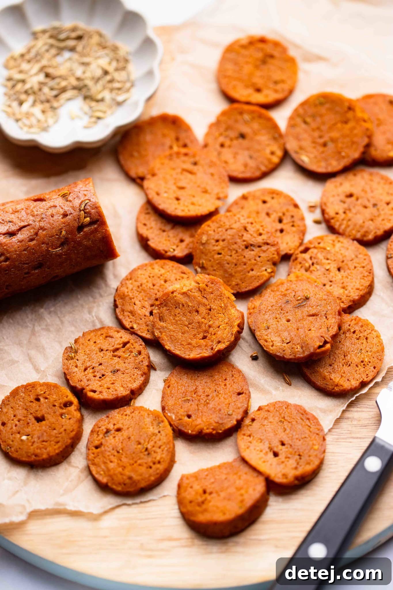 Plant-Powered Pepperoni 6 A close-up of thinly sliced vegan pepperoni on a wooden board, showcasing its texture and vibrant color.
