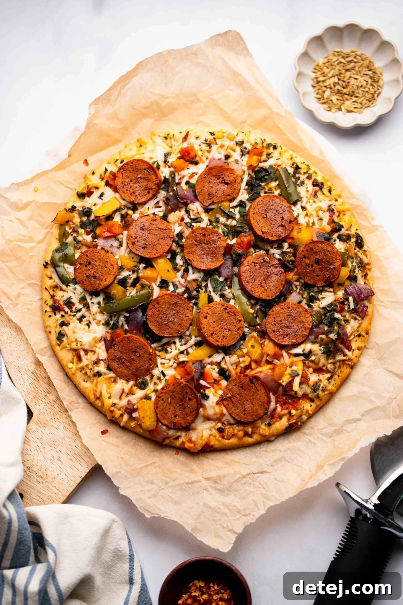 Plant-Powered Pepperoni 3 A freshly baked vegan pepperoni pizza, perfectly browned with melted cheese and crispy pepperoni slices.